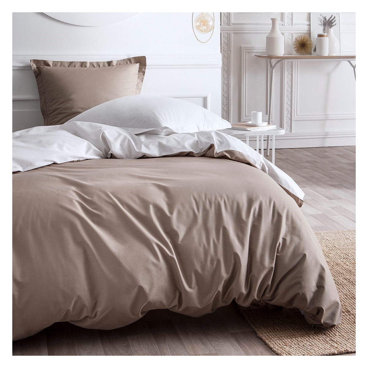 Parure de lit bicolore en Percale de coton Beige 220x240 cm