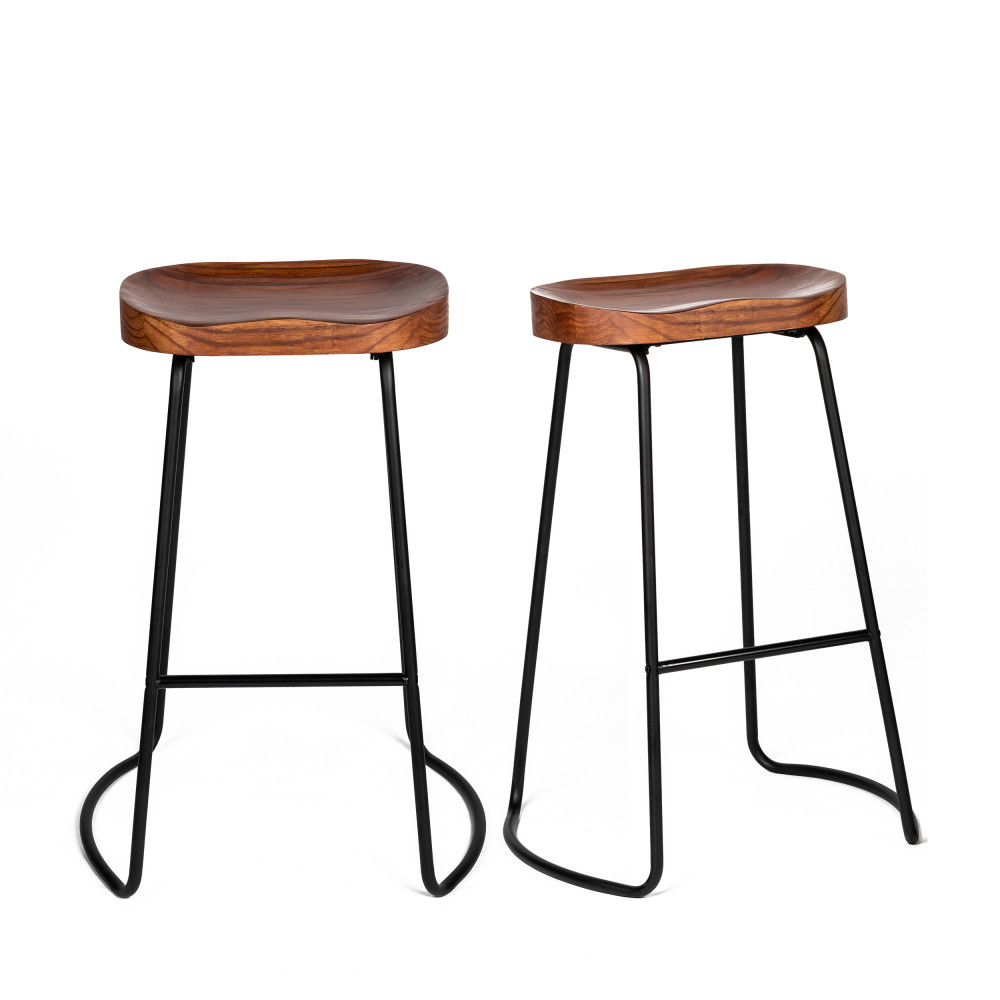 2 tabourets de bar 74cm bois foncé et métal noir (photo) 2 tabourets de bar 74cm bois foncé et métal noir