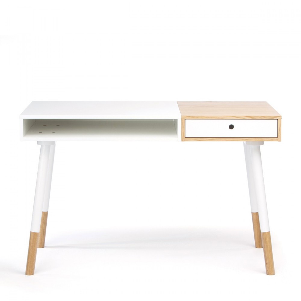 Bureau design bois et blanc 1 tiroir blanc