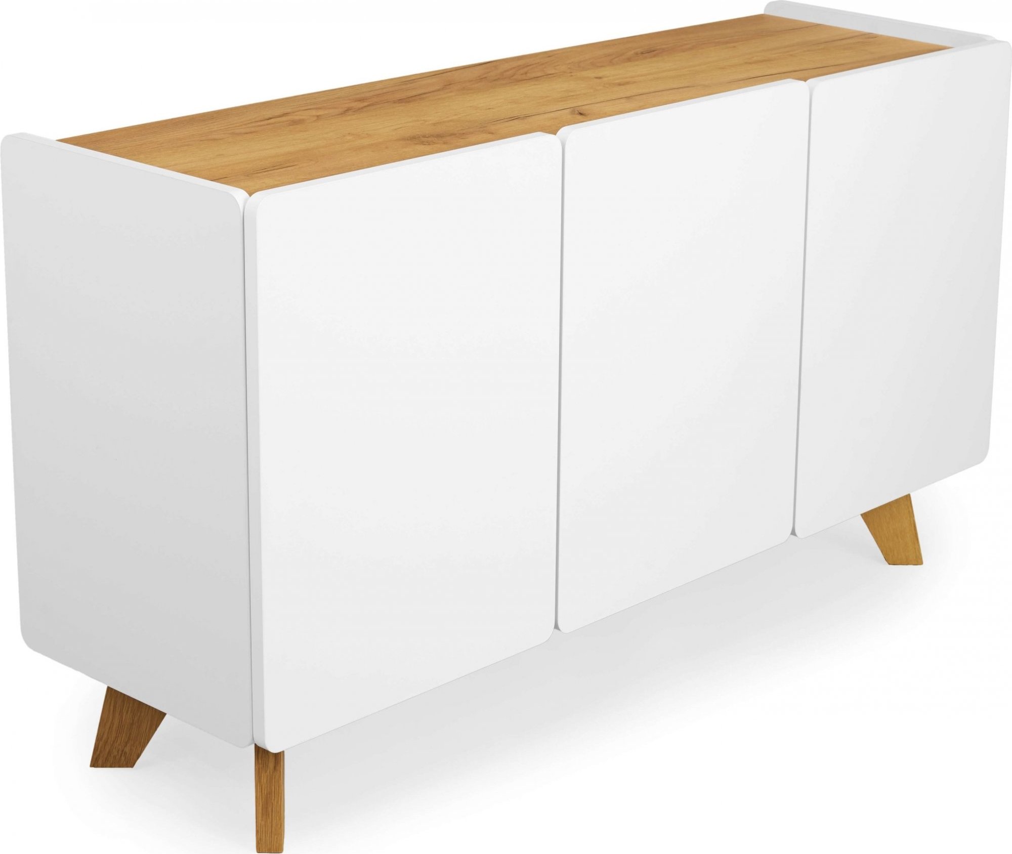 Commode en bois massif 3 portes couleur blanc et bois clair