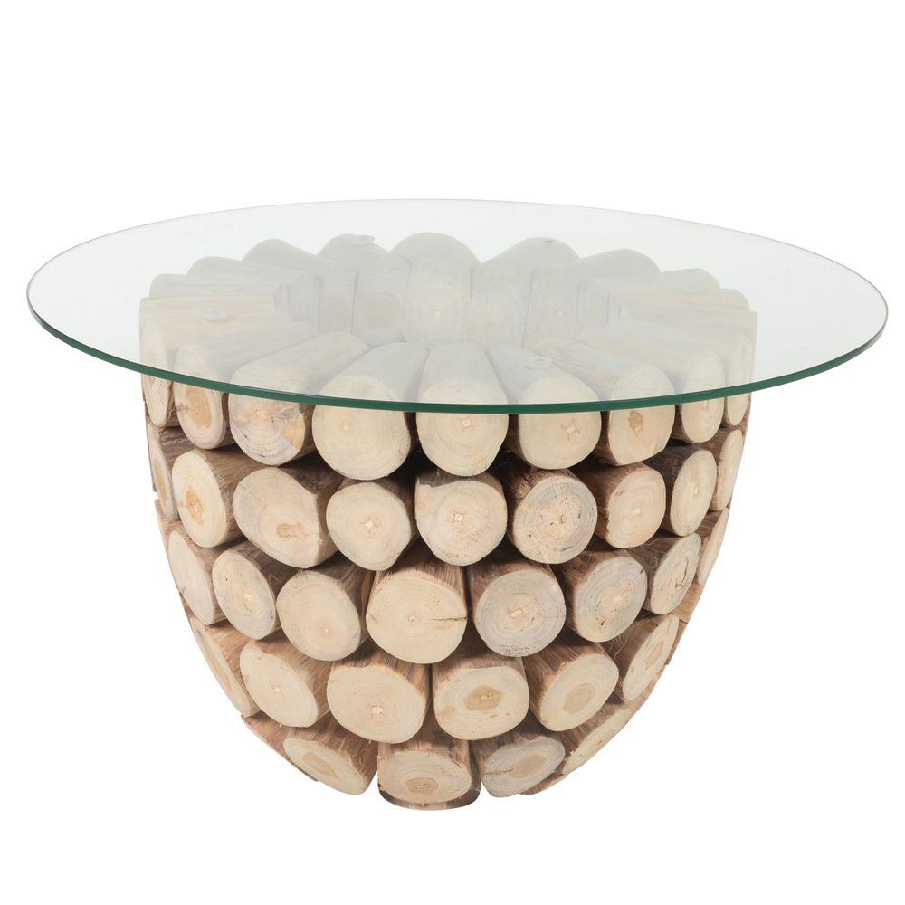 Table basse ronde en rondin et verre