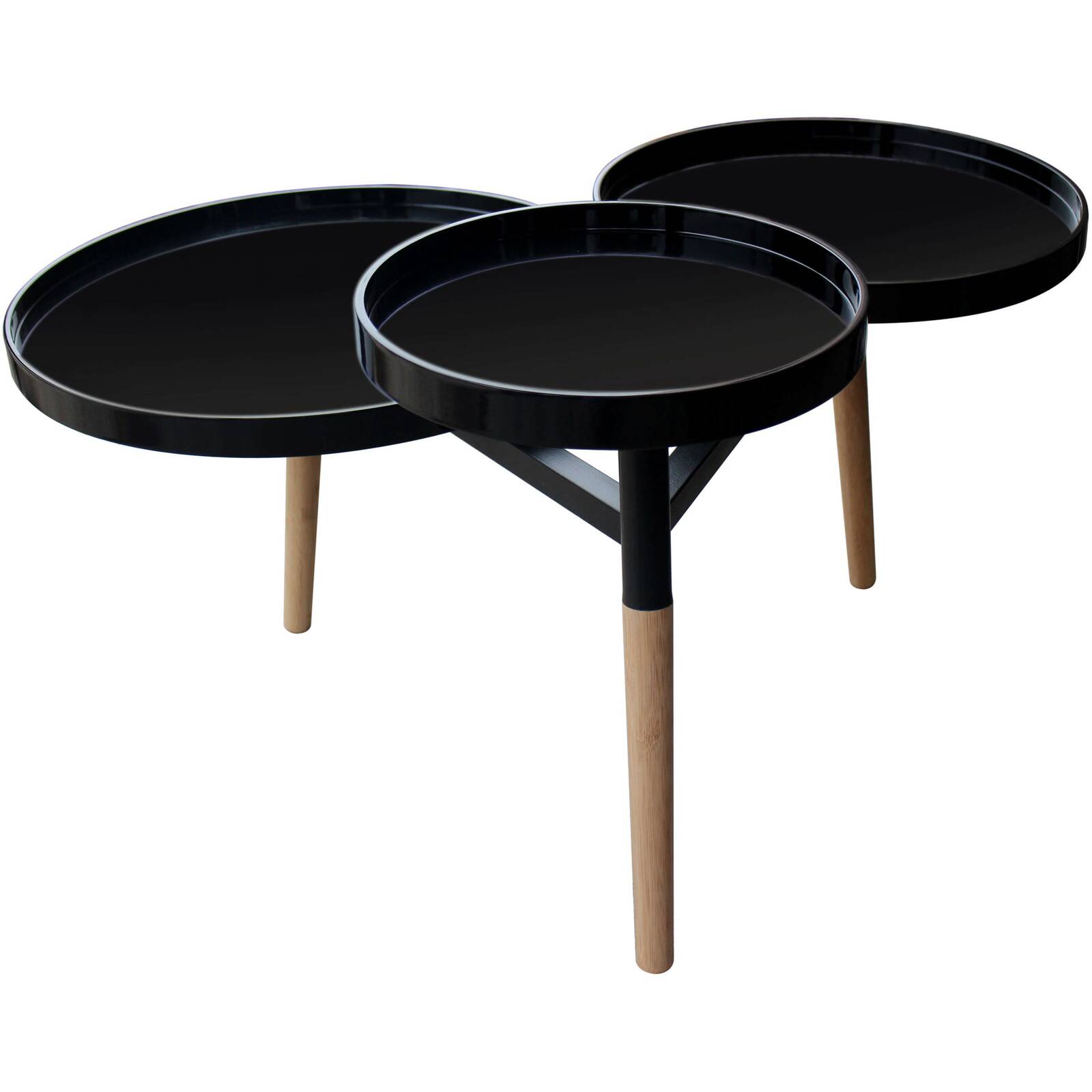 Table basse design 3 palteaux noir pieds bois clair
