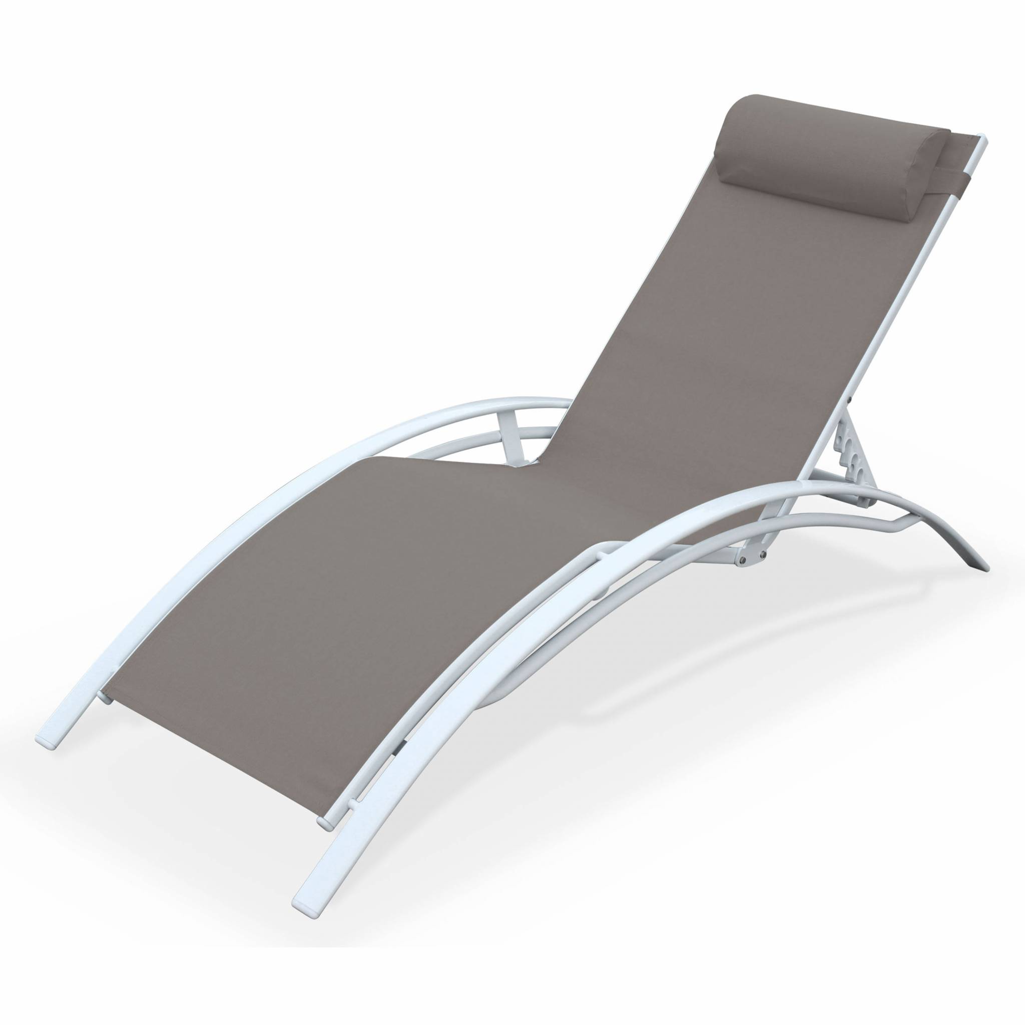 Bain de soleil en aluminium et textilène taupe et blanc (photo) Bain de soleil en aluminium et textilène taupe et blanc