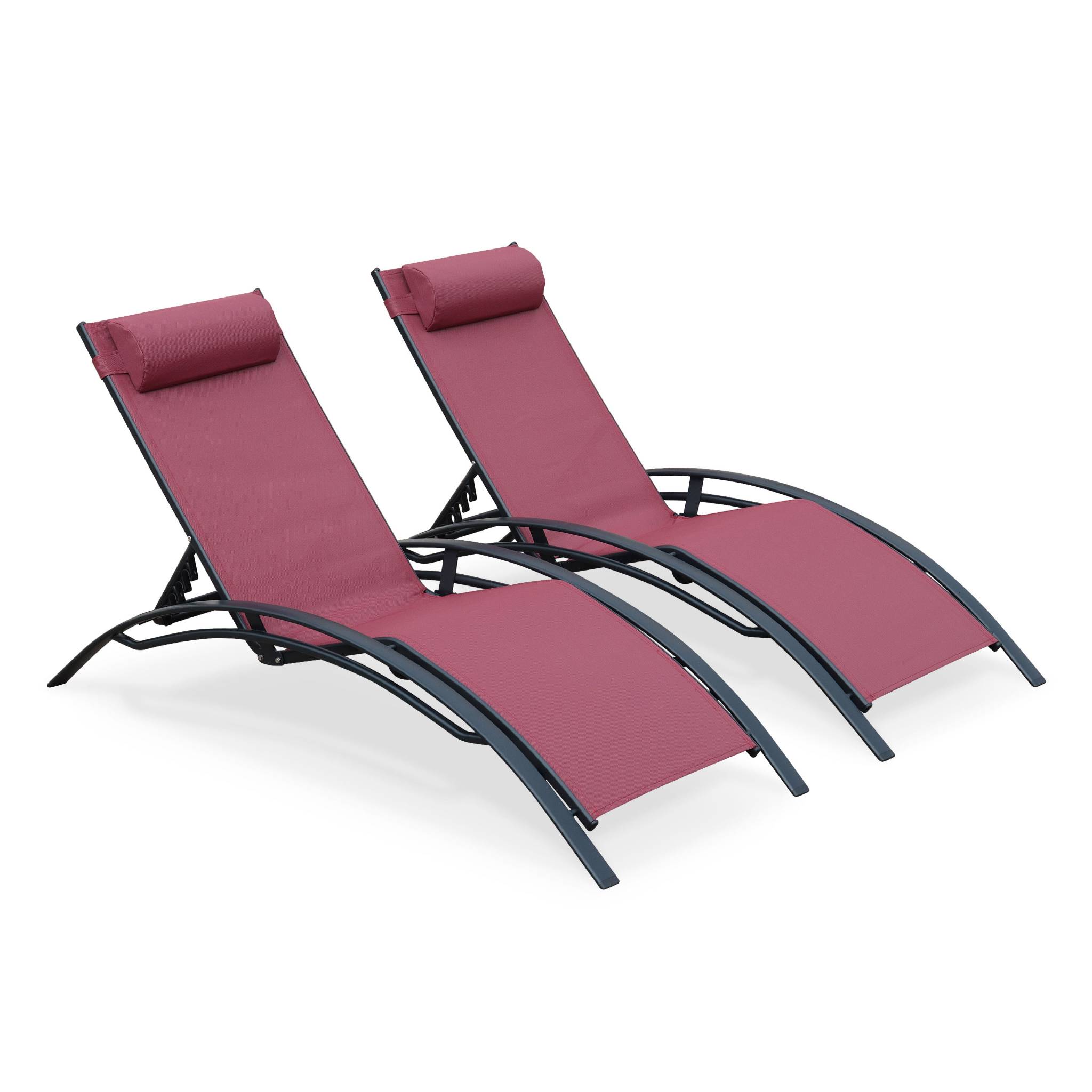 Lot de 2 bains de soleil en aluminium et textilène bordeaux