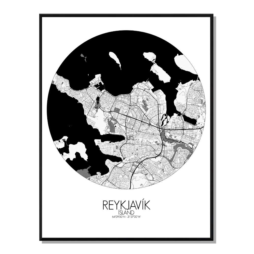 REYKJAVIK - Carte City Map Rond 40x50cm