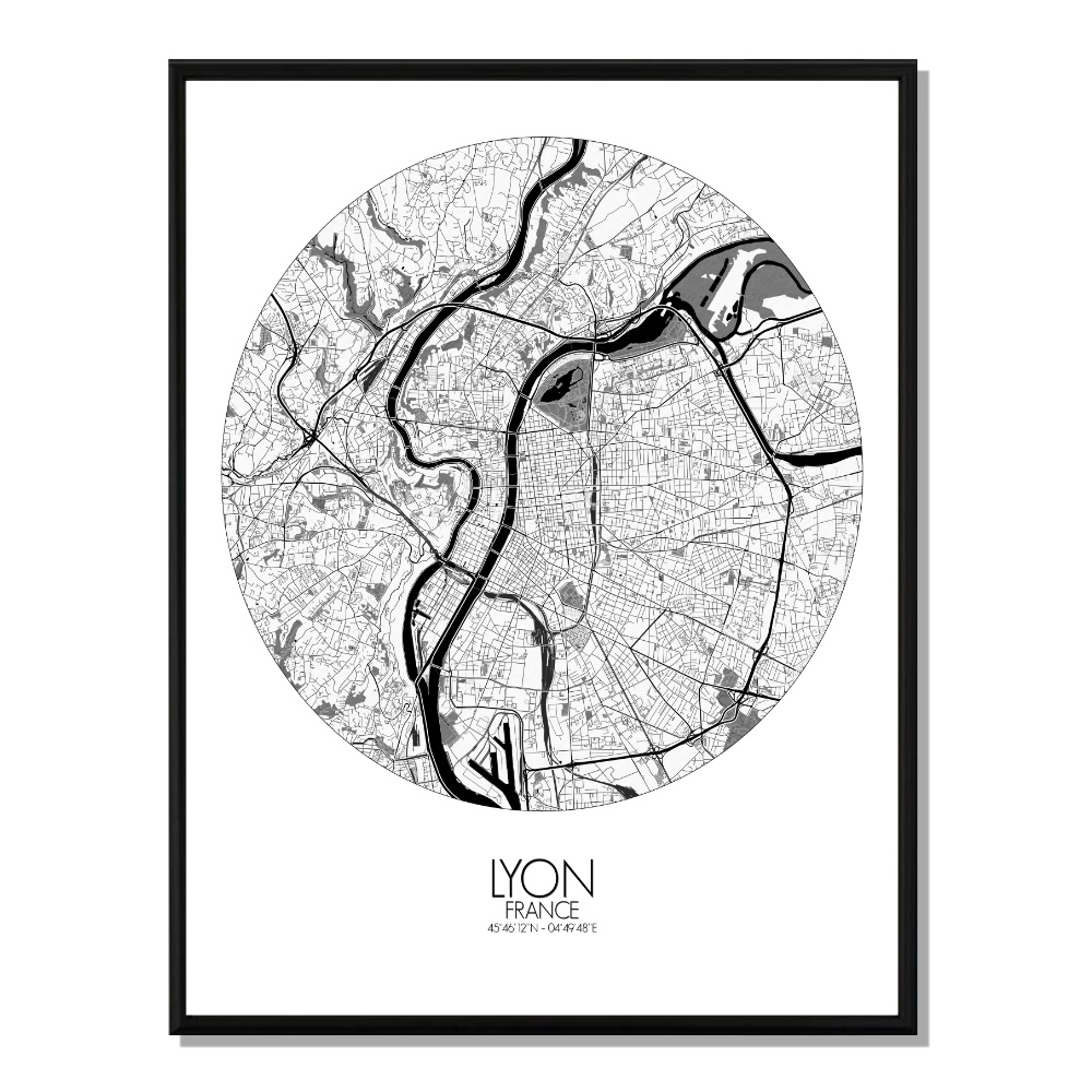 LYON - Carte City Map Rond 40x50cm