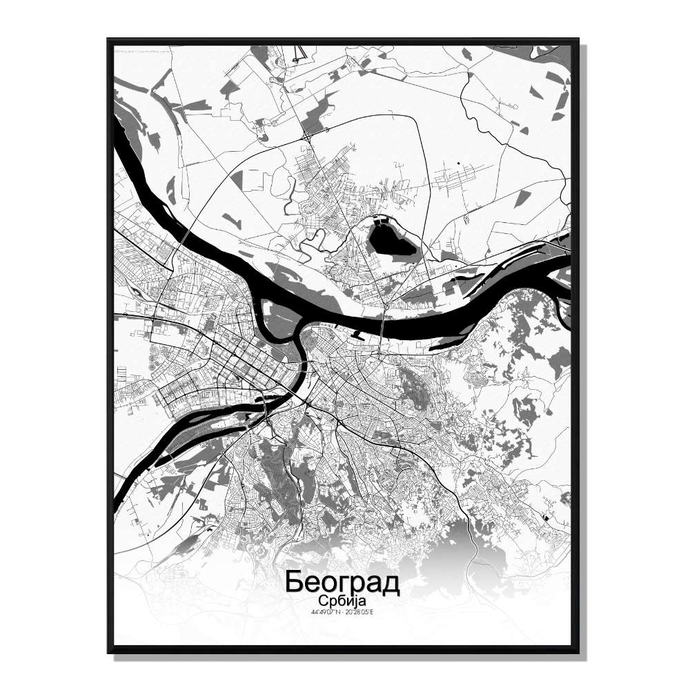 Affiche Belgrade Carte N&B 40x50
