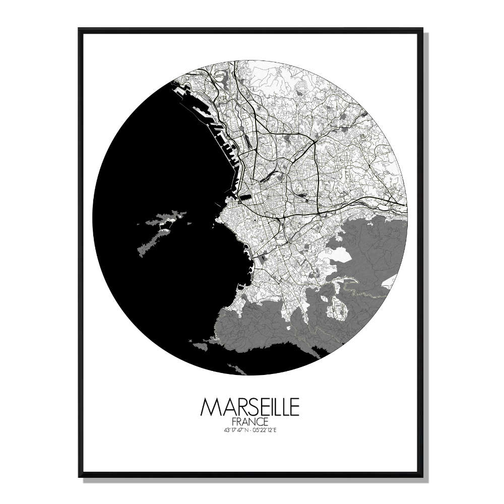 MARSEILLE - Carte City Map Rond 40x50cm MARSEILLE - Carte City Map Rond 40x50cm