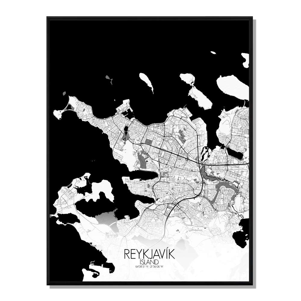 REYKJAVIK - Carte City Map N&B 40x50cm