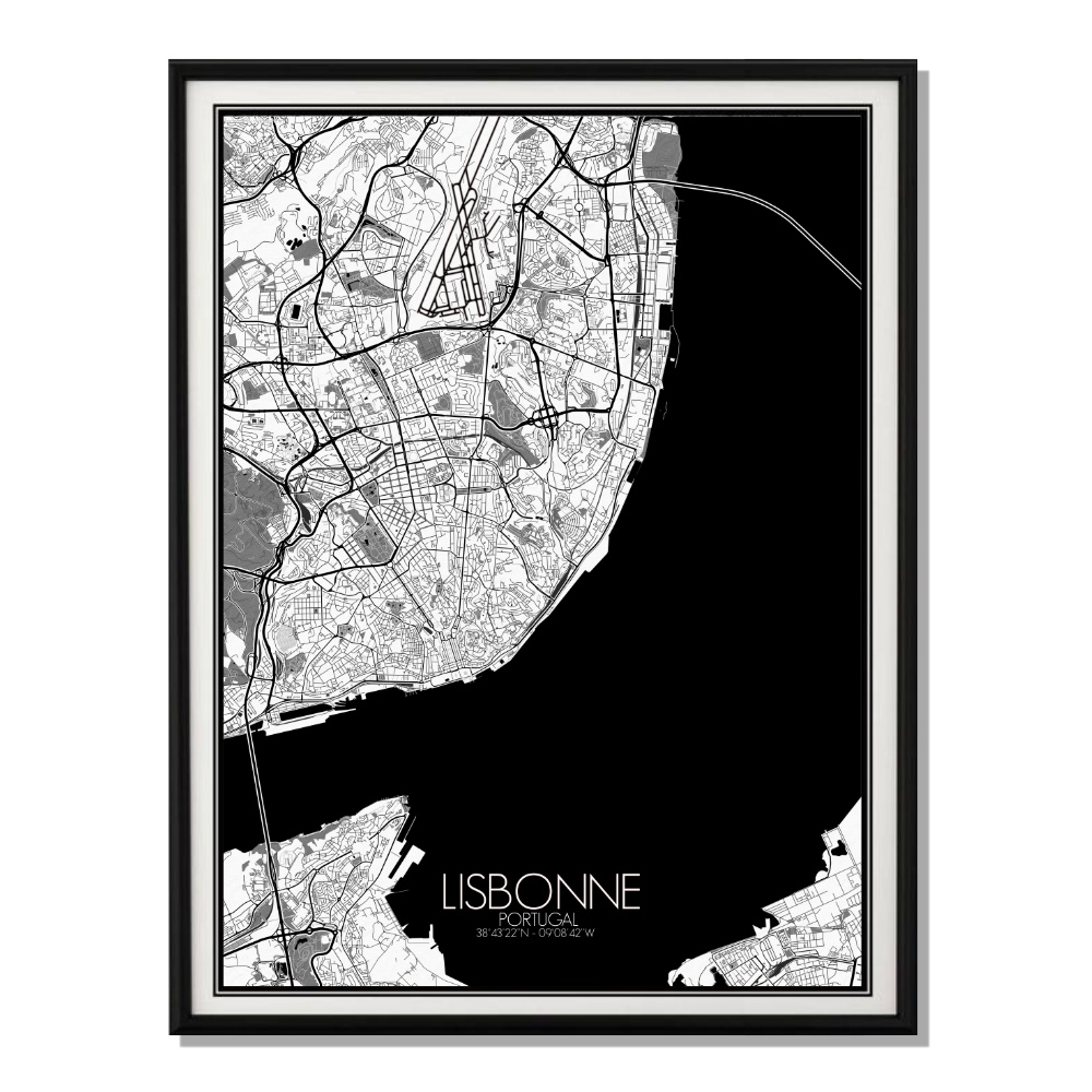 LISBONNE - Carte City Map N&B 40x50cm