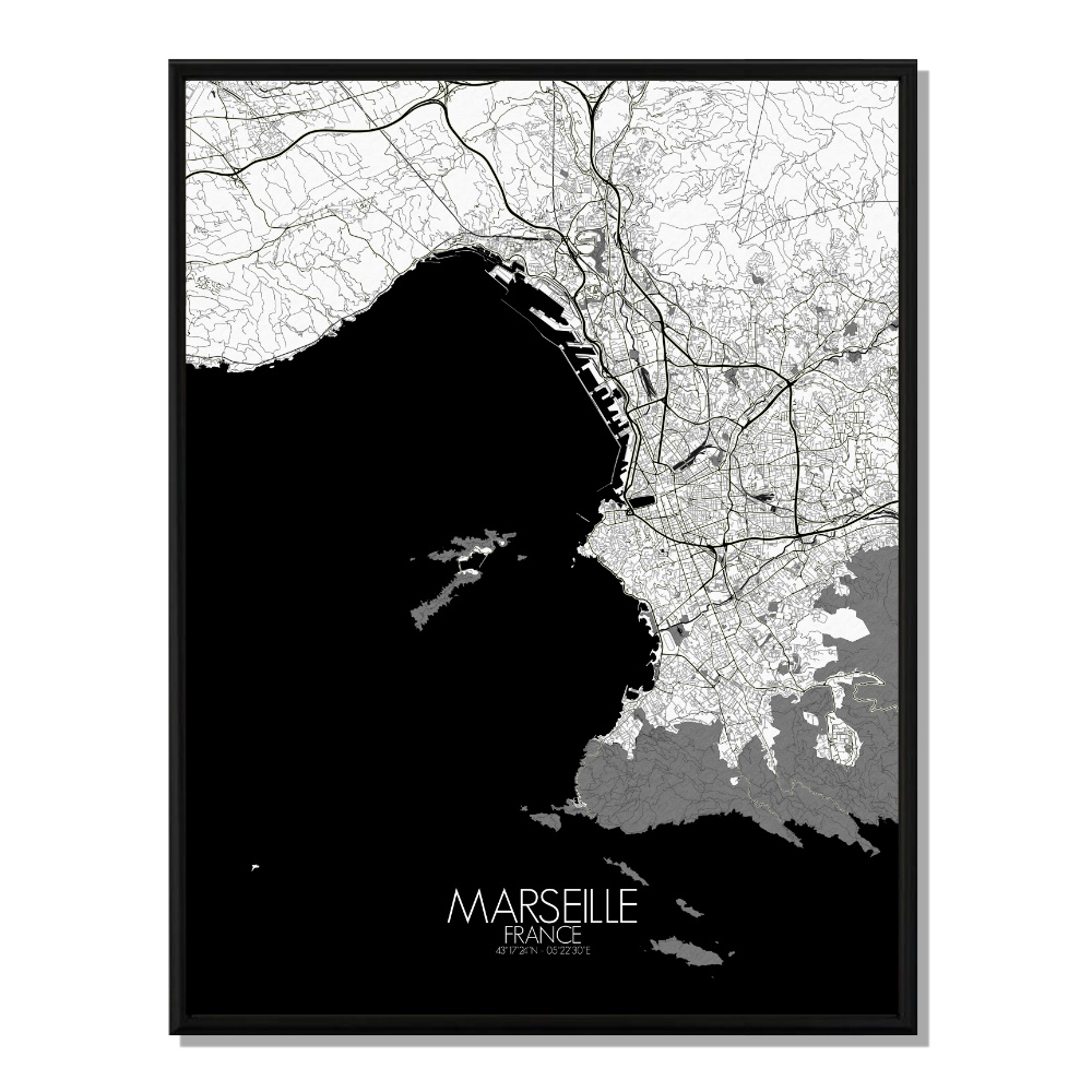 MARSEILLE - Carte City Map N&B 40x50cm