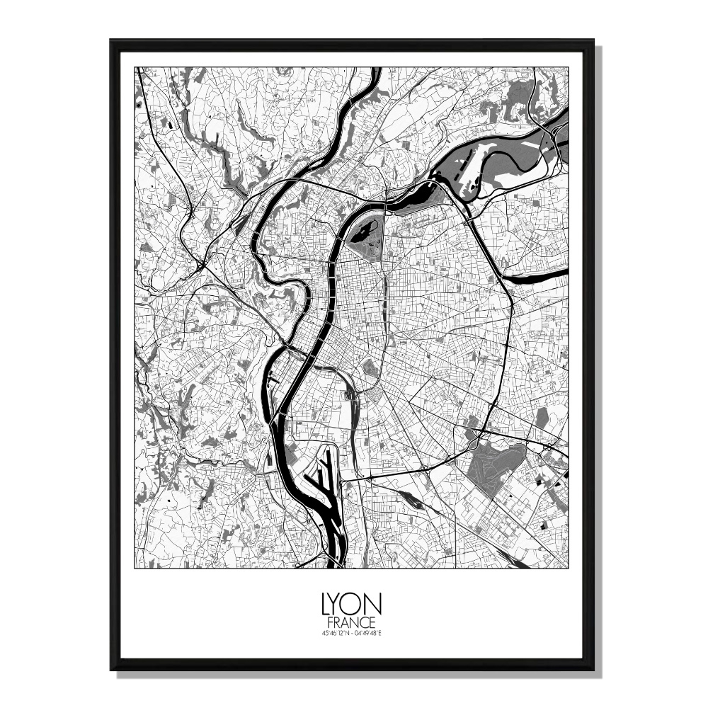 LYON - Carte City Map N&B 40x50cm
