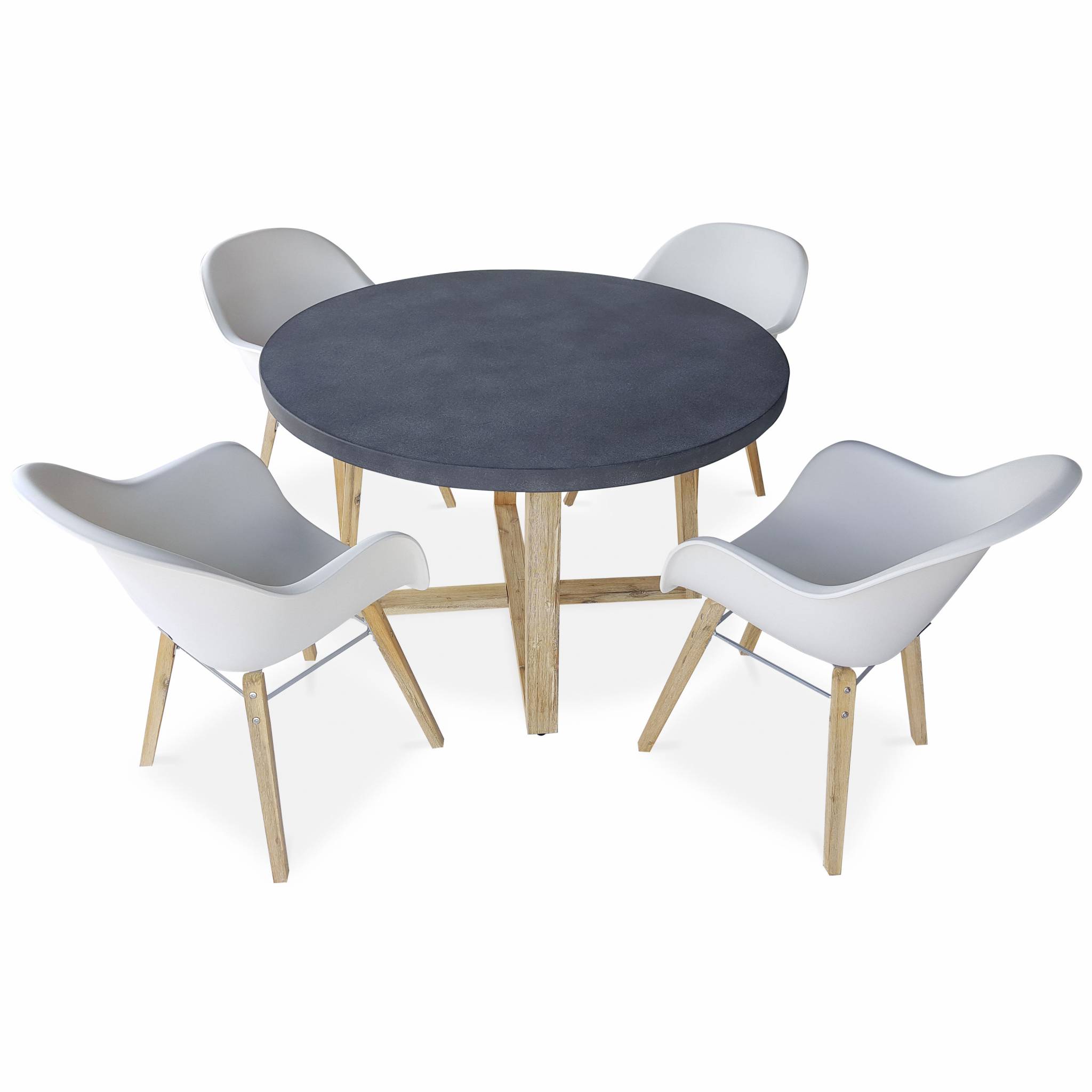 Table ronde 4 places et fauteuils scandinaves blanches