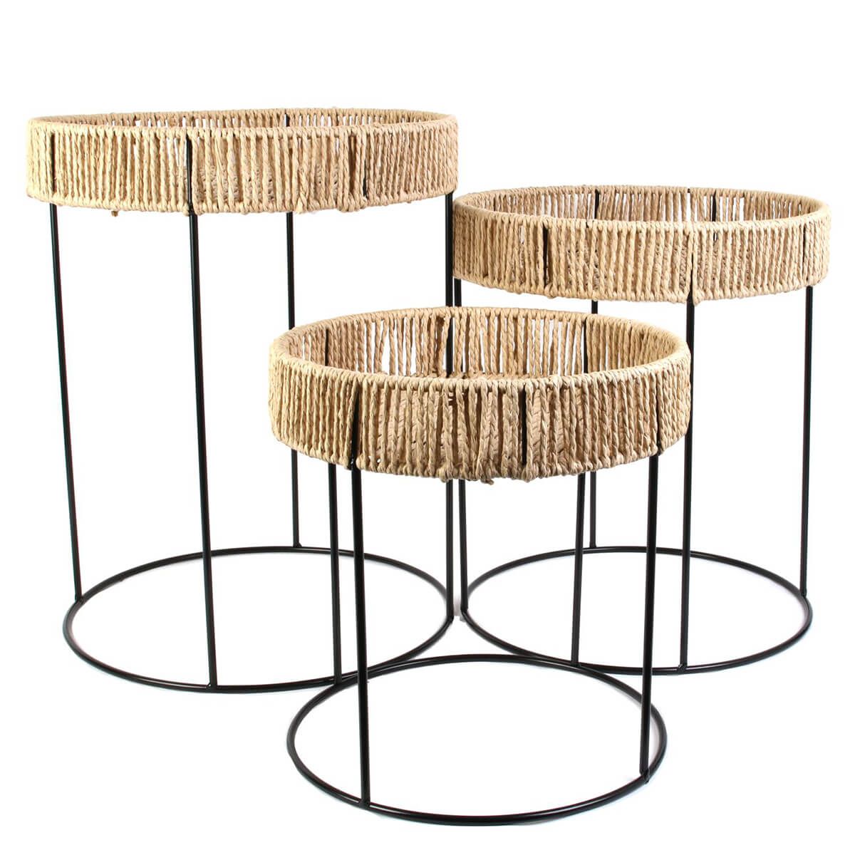 Trio tables basses de jardin en papier tressé et métal noir