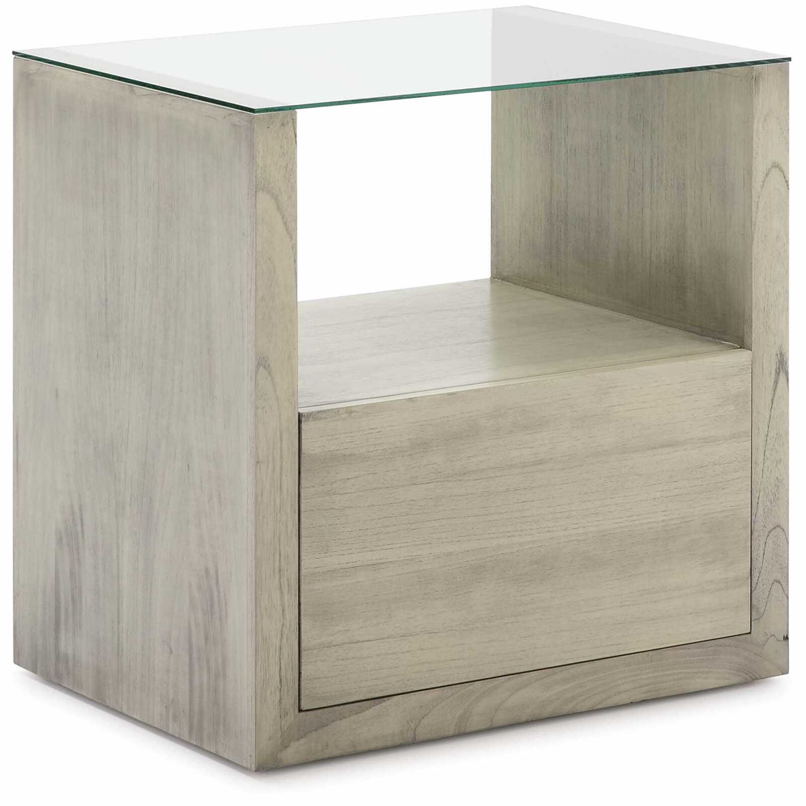 Table de chevet en bois gris clair plateau en verre Table de chevet en bois gris clair plateau en verre