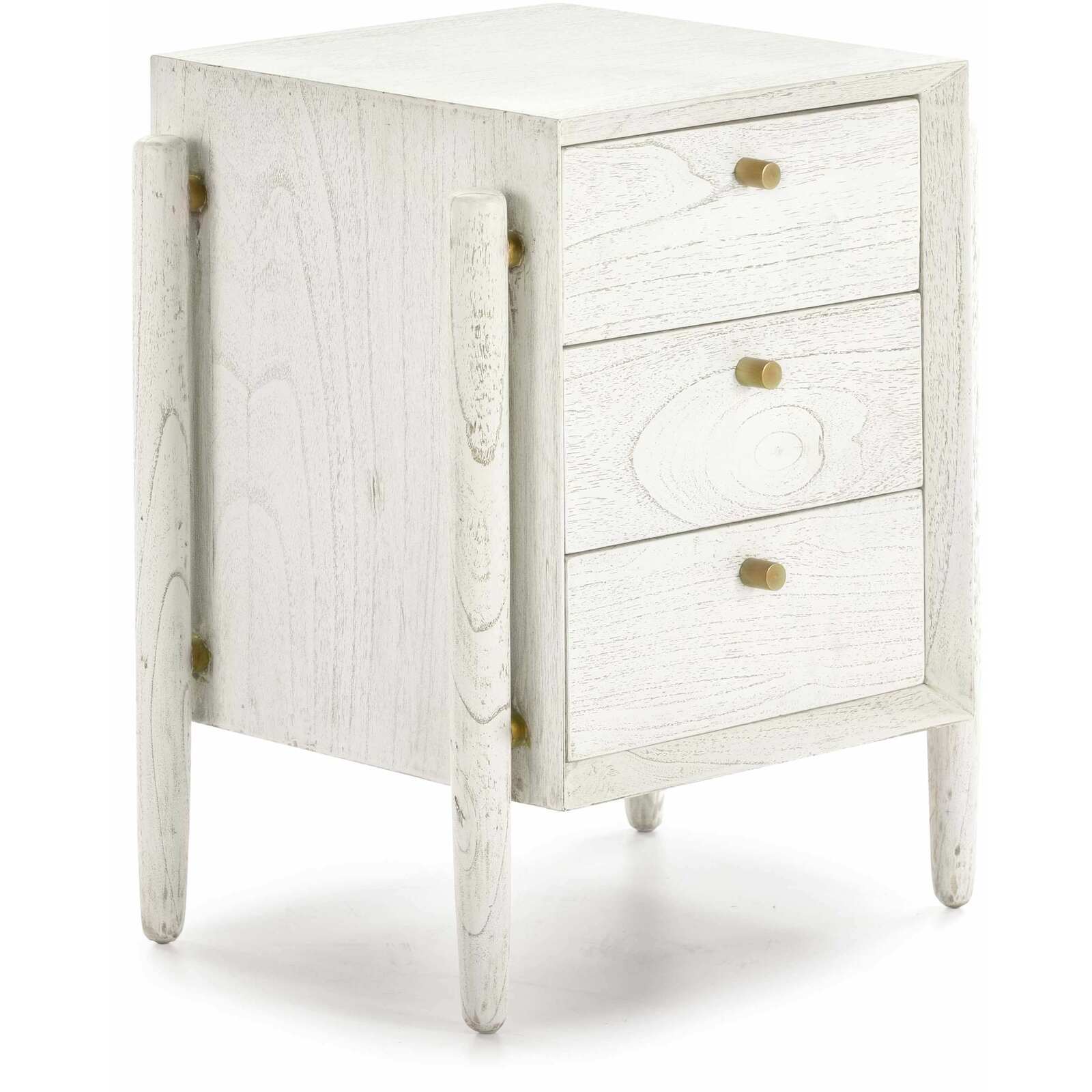 Table de chevet 3 tiroirs en bois teinté blanc et doré Table de chevet 3 tiroirs en bois teinté blanc et doré