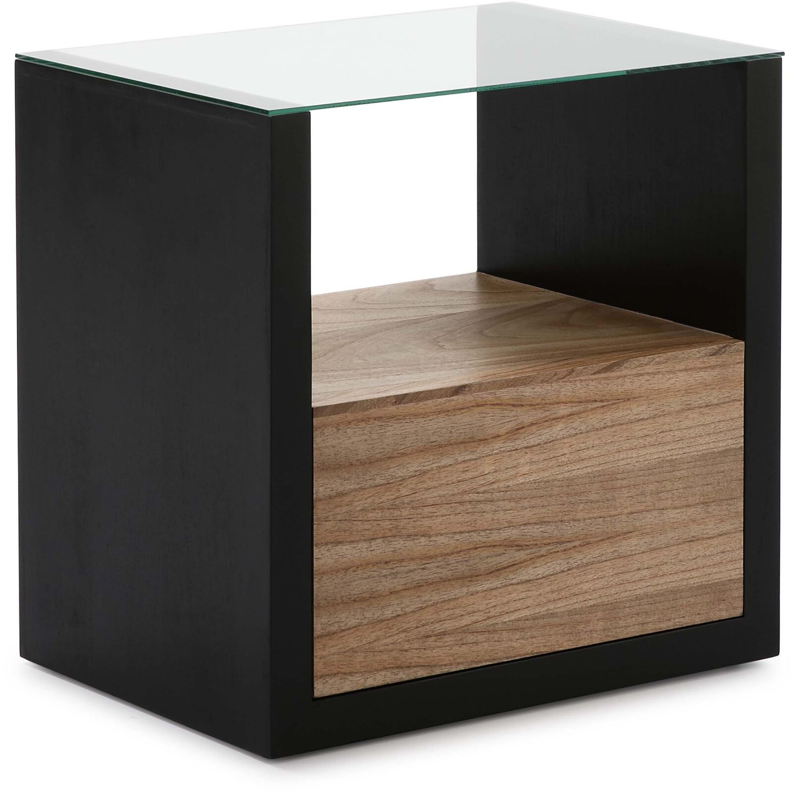Table de chevet en bois clair et noir plateau en verre Table de chevet en bois clair et noir plateau en verre