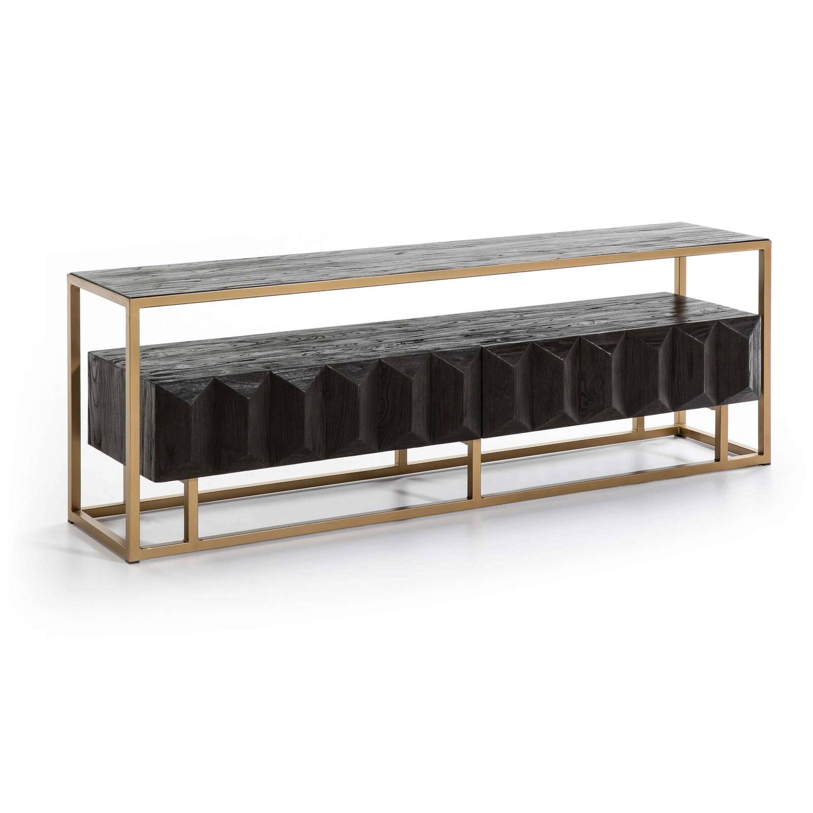 Meule tv en bois cérusé marron structure métal doré l180cm