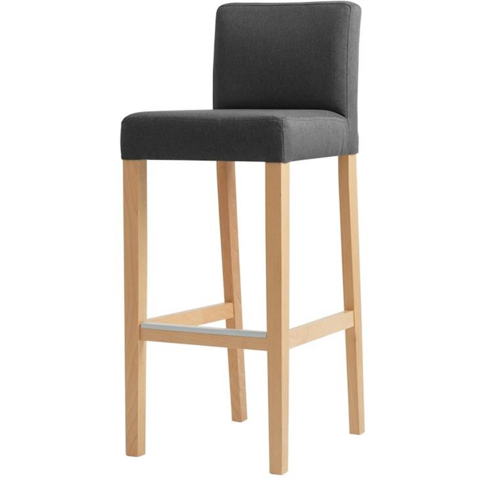 Chaise de bar tissu rembourrée gris foncé pieds bois clair Chaise de bar tissu rembourrée gris foncé pieds bois clair