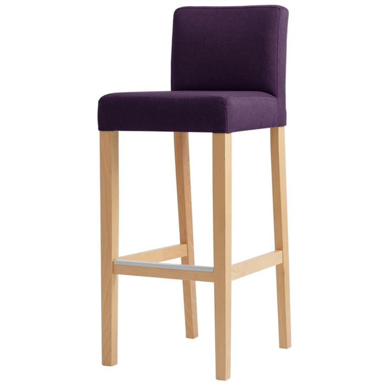 Chaise de bar tissu rembourrée violet pieds bois massif clair Chaise de bar tissu rembourrée violet pieds bois massif clair