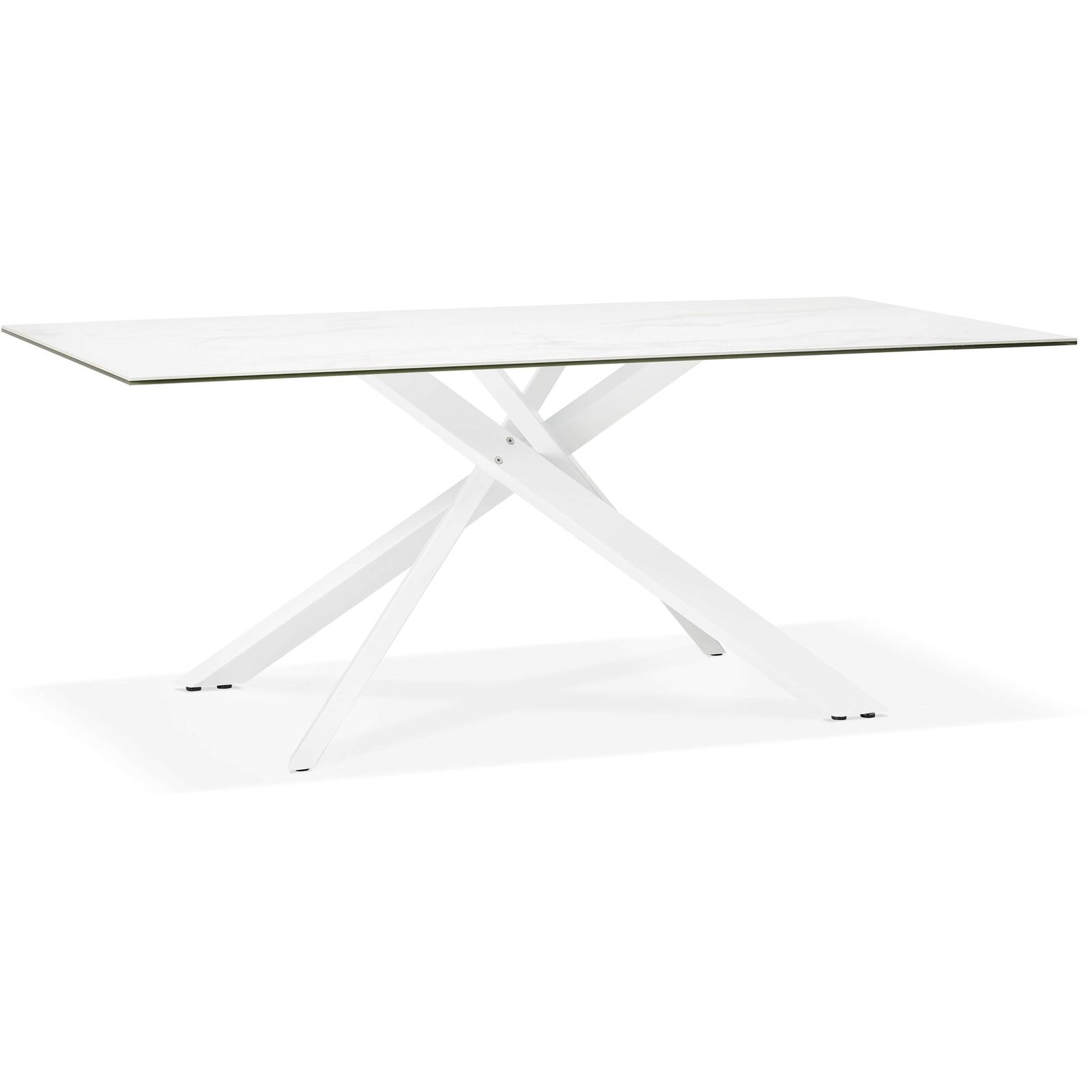 Table à diner en verre blanc pieds acier laqué blanc l180cm