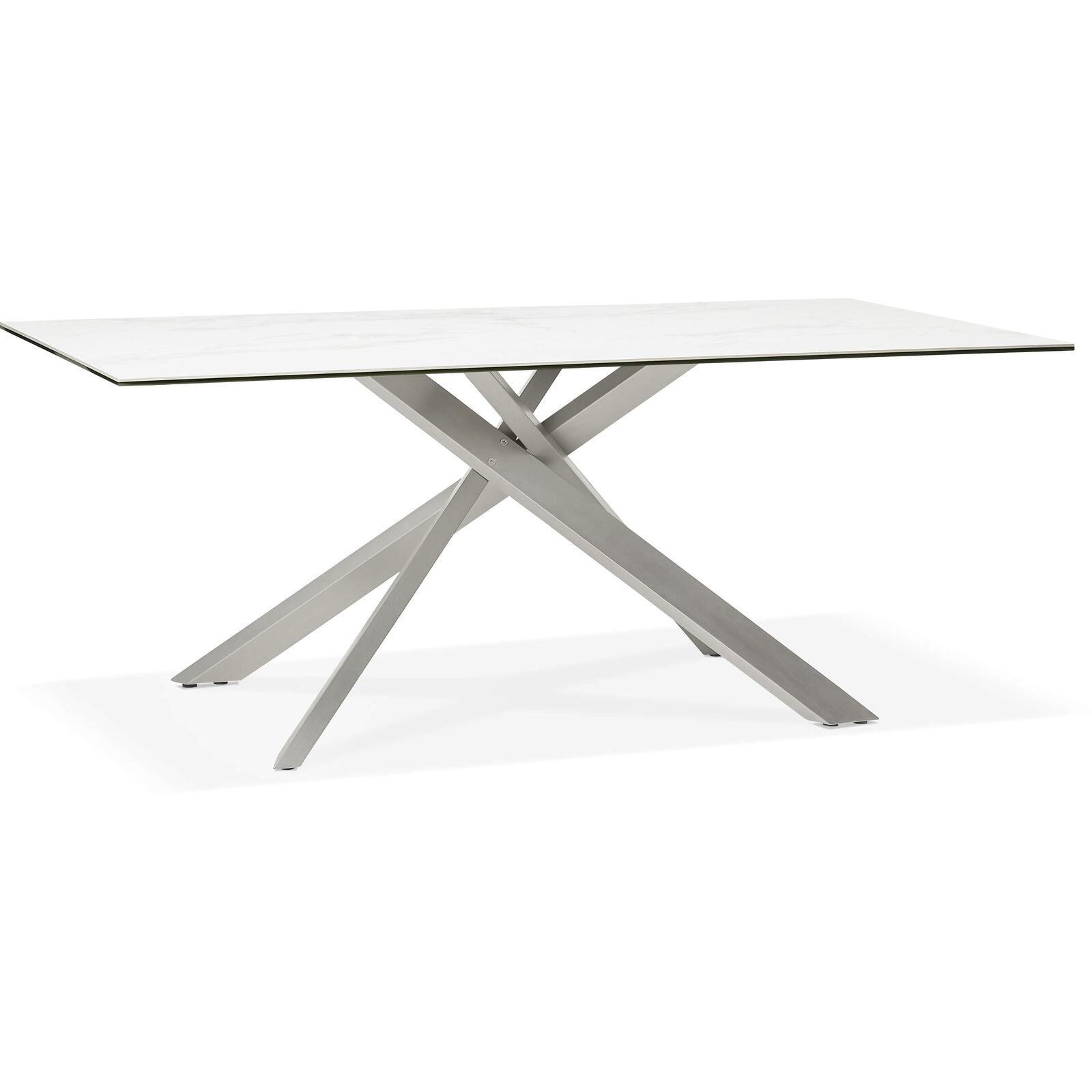 Table à diner en verre blanc pieds acier brossé l180cm (photo) Table à diner en verre blanc pieds acier brossé l180cm
