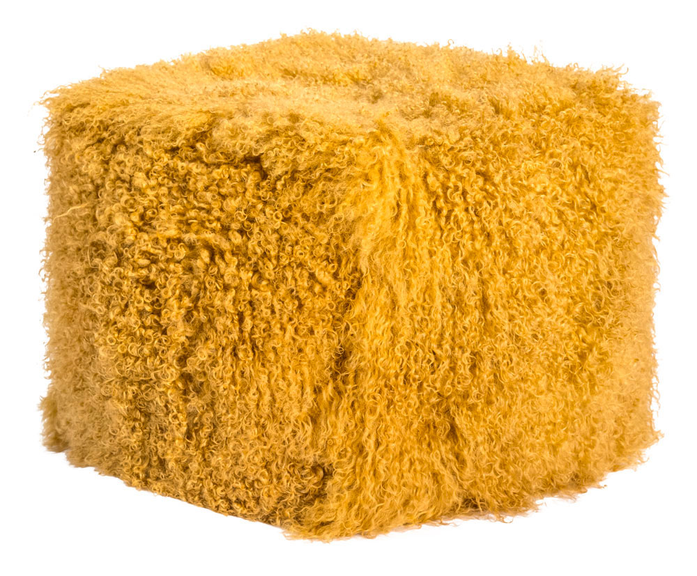 Pouf d'intérieur laine d'agneau tibétain moutarde