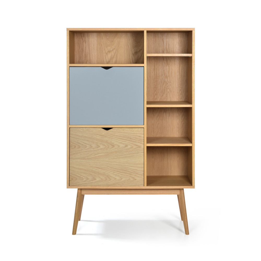 Buffet haut design 2 portes chêne et bleu fumée