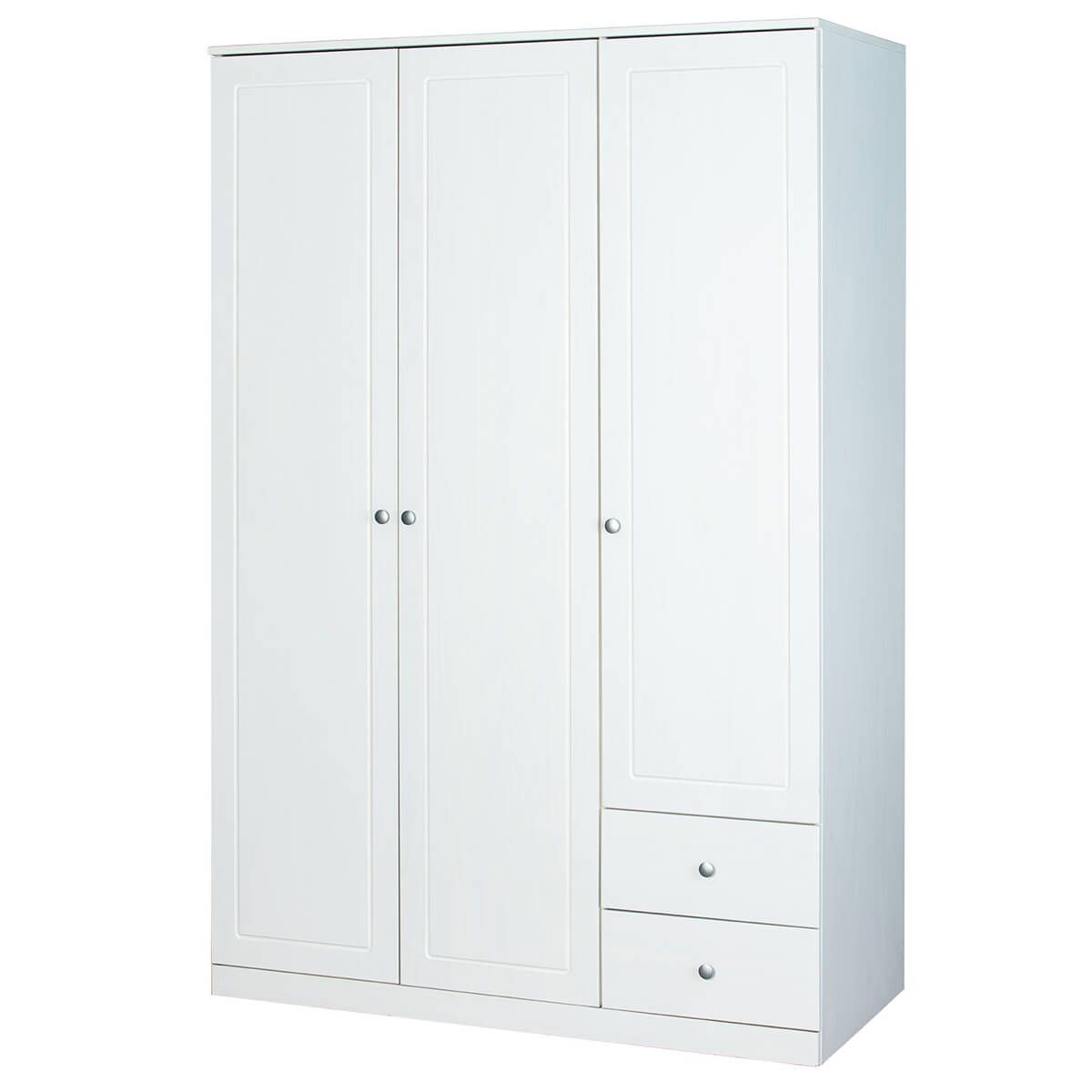 Armoire 3 Portes 2 Tiroirs Bois Massif Vernis Blanc