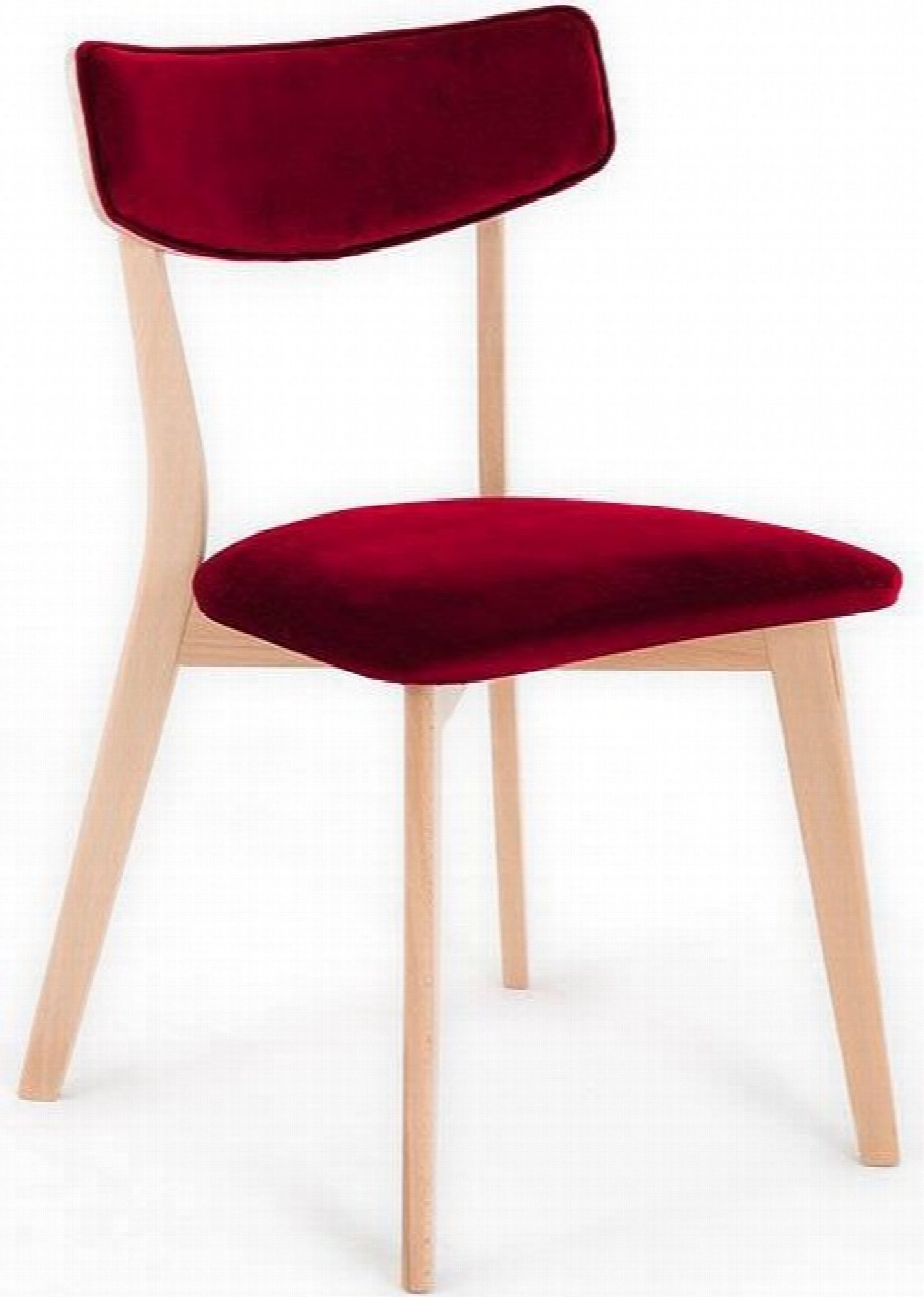 Chaise design tradition velours rouge pieds bois clair