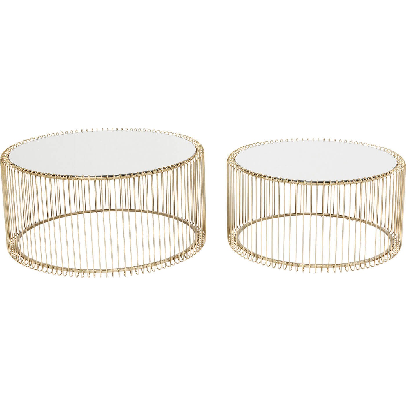 WIRE - 2 tables basses rondes en acier doré et verre miroir