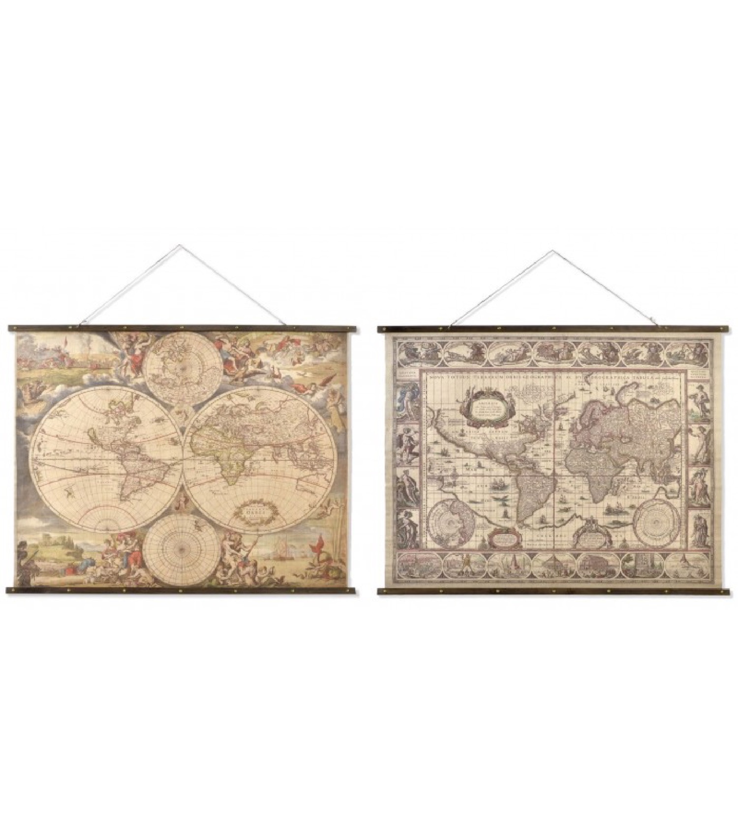 Set de 2 cartes du monde sur toile en lin 155x122 Set de 2 cartes du monde sur toile en lin 155x122