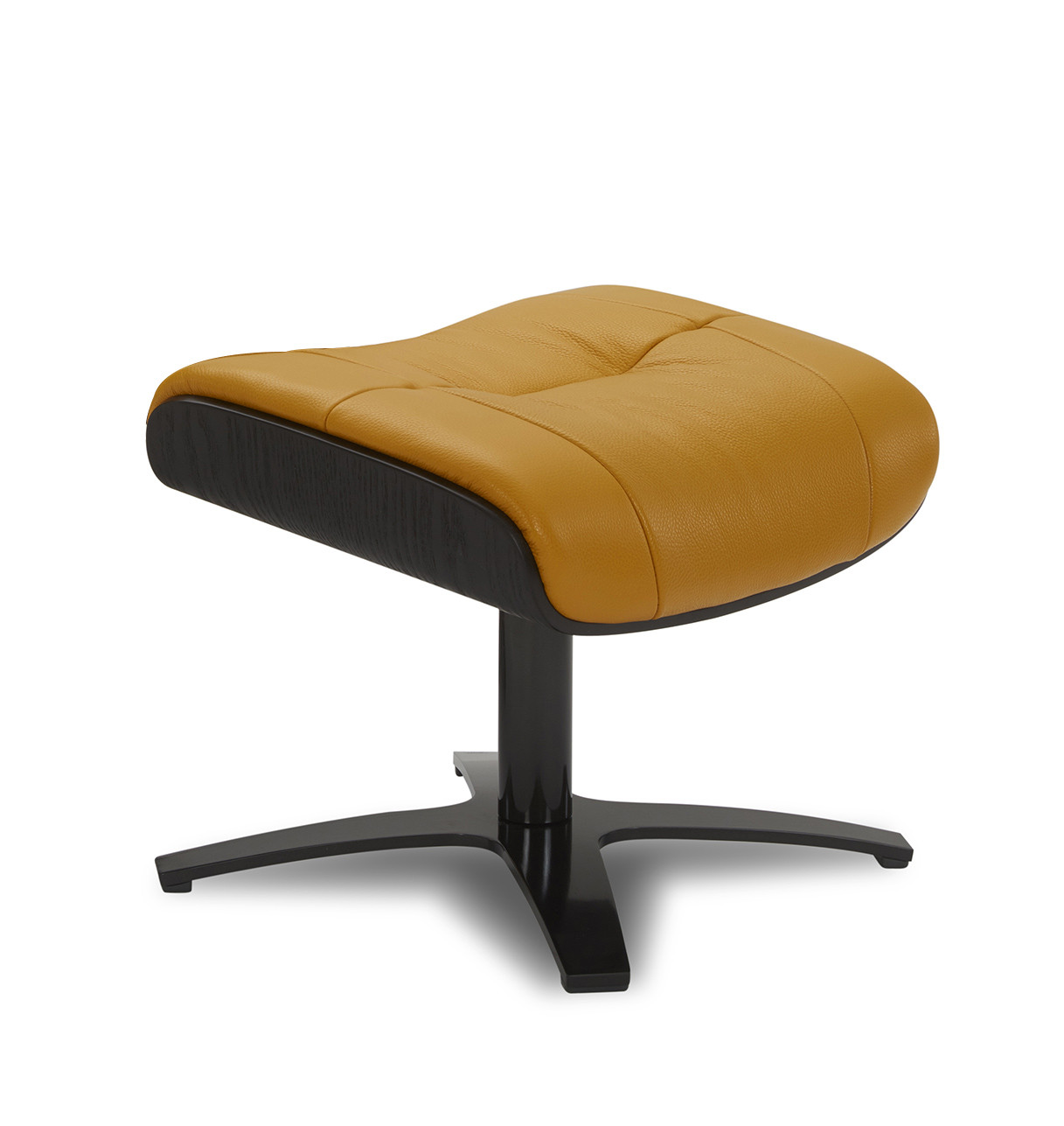 Pouf cuir jaune moutarde et bois noir