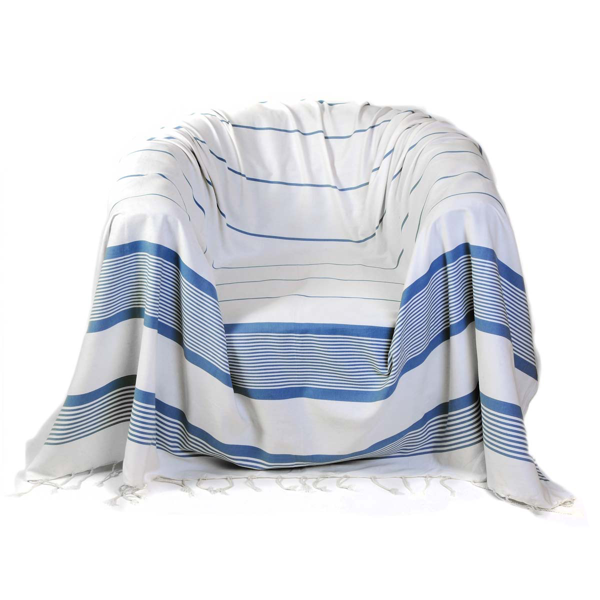 CARTHAGE - Jeté de fauteuil 100% coton blanc rayures bleu 200 x 200 CARTHAGE - Jeté de fauteuil 100% coton blanc rayures bleu 200 x 200