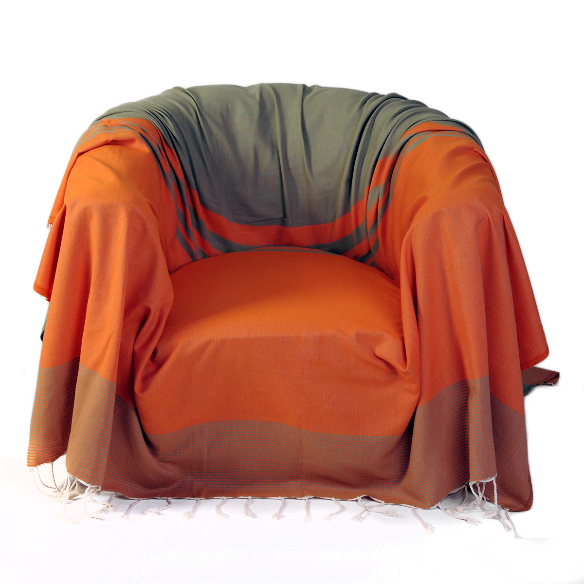 TANGER - Jeté de fauteuil coton rayures orange vert amande 200 x 200 TANGER - Jeté de fauteuil coton rayures orange vert amande 200 x 200