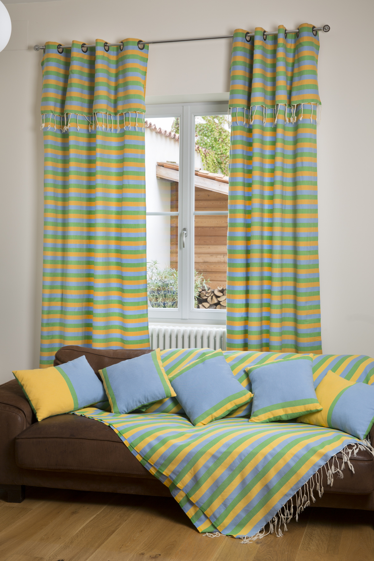 DJERBA - Rideau ajustable coton jaune turquoise vert 140 x 210 à 240 DJERBA - Rideau ajustable coton jaune turquoise vert 140 x 210 à 240