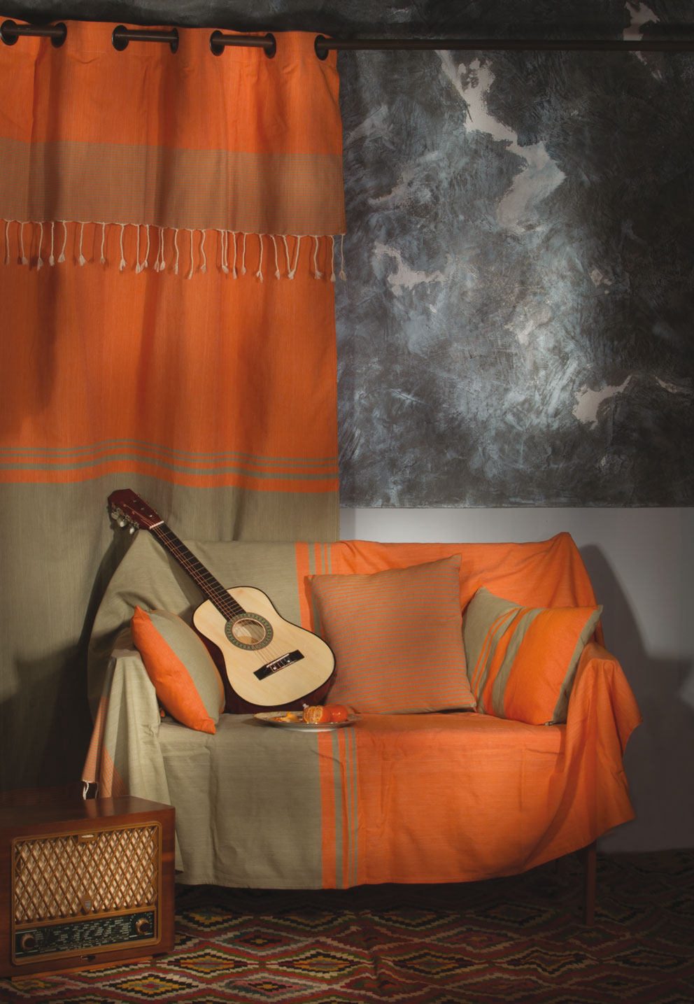 TANGER - Rideau ajustable coton rayures orange et vert 140 x 290 à 320 TANGER - Rideau ajustable coton rayures orange et vert 140 x 290 à 320