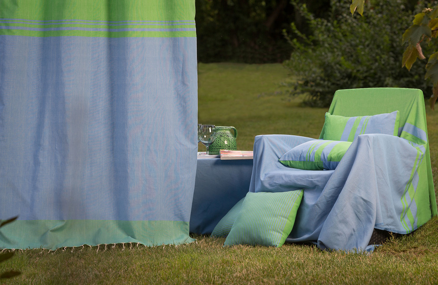 TANGER - Rideau ajustable coton rayures vert et bleu 140 x 210 à 240 TANGER - Rideau ajustable coton rayures vert et bleu 140 x 210 à 240