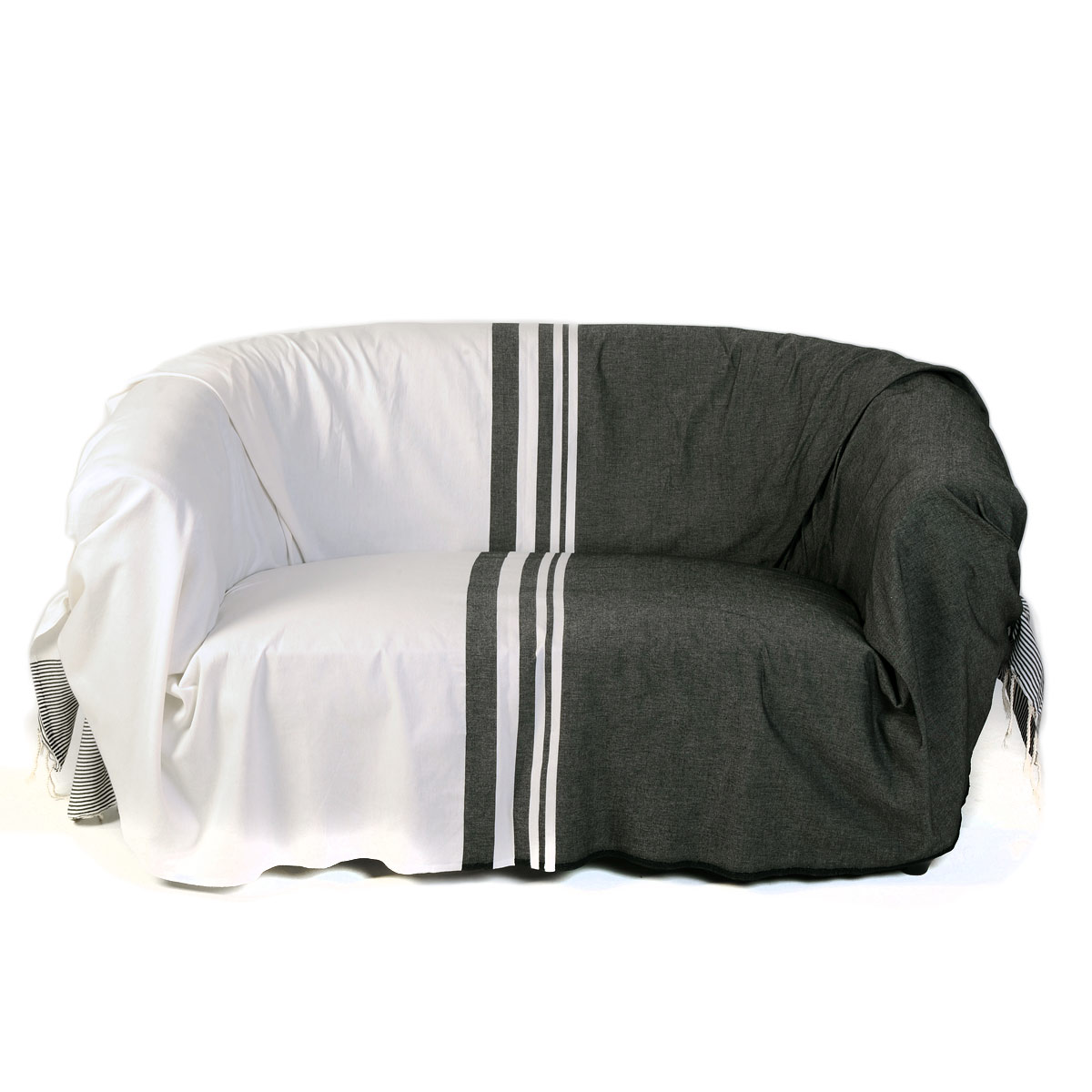TANGER - Jeté de canapé 100% coton rayures noir et blanc 200 x 300 TANGER - Jeté de canapé 100% coton rayures noir et blanc 200 x 300