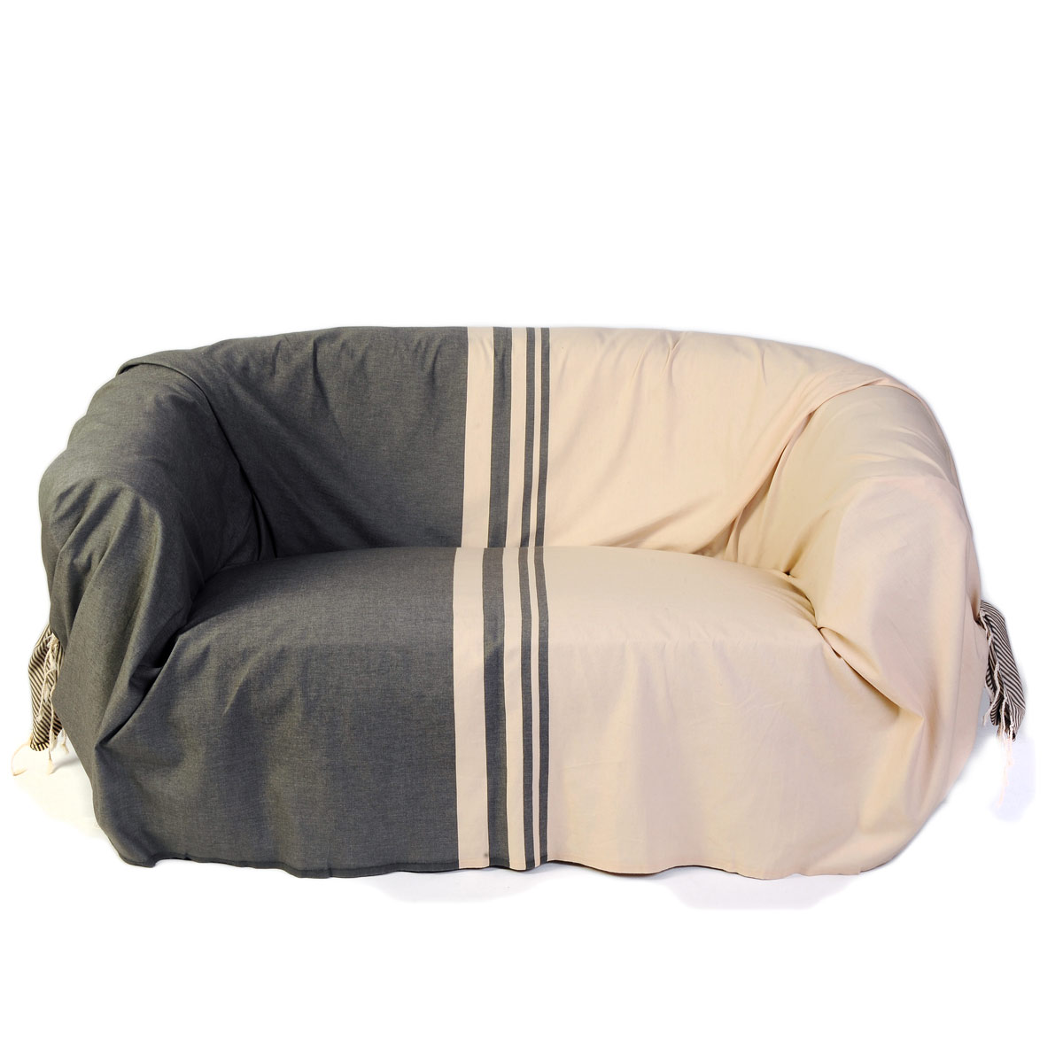 TANGER - Jeté de canapé 100% coton rayures écru et taupe 200 x 300 TANGER - Jeté de canapé 100% coton rayures écru et taupe 200 x 300