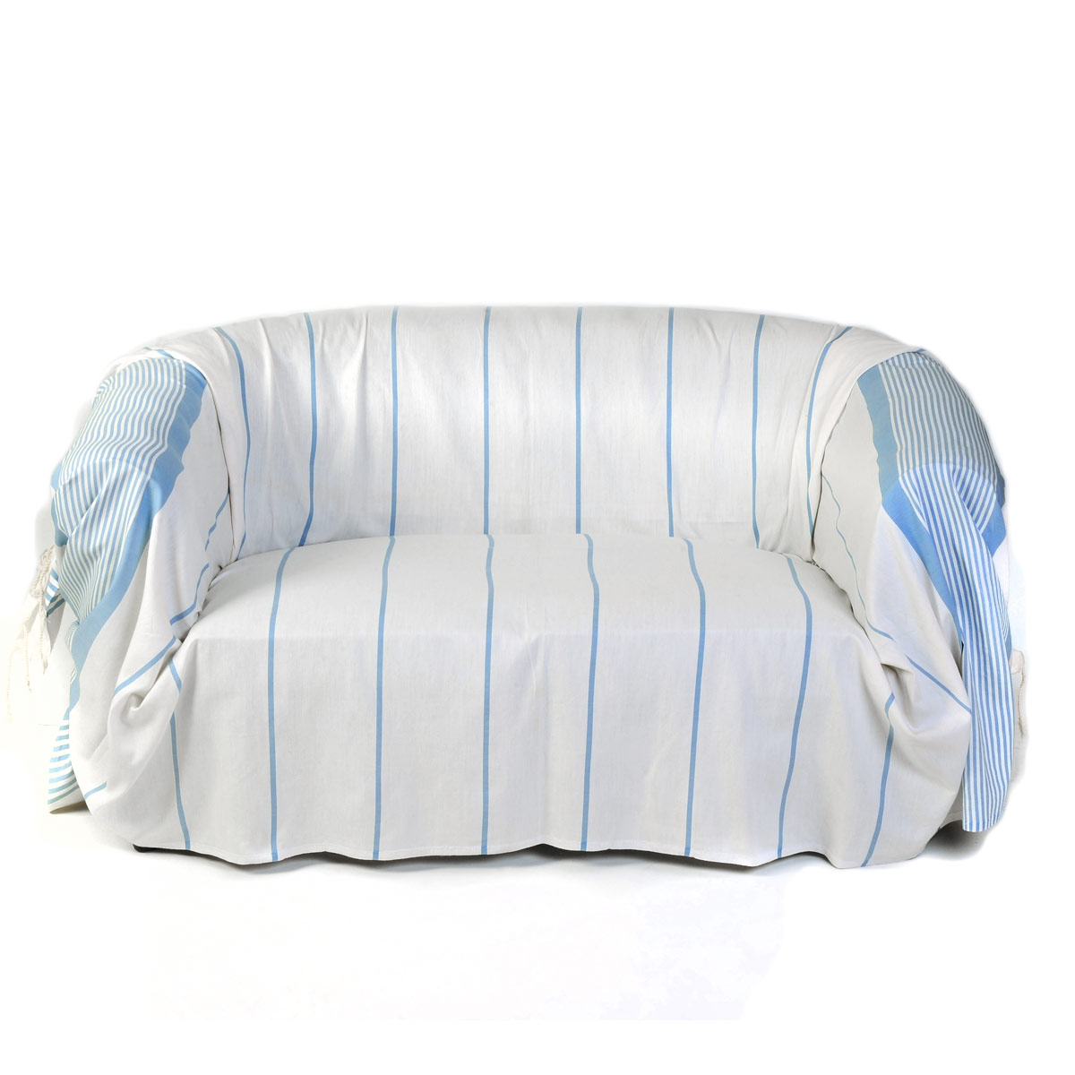CARTHAGE - Jeté de canapé 100% coton blanc rayures bleu 200 x 300 CARTHAGE - Jeté de canapé 100% coton blanc rayures bleu 200 x 300
