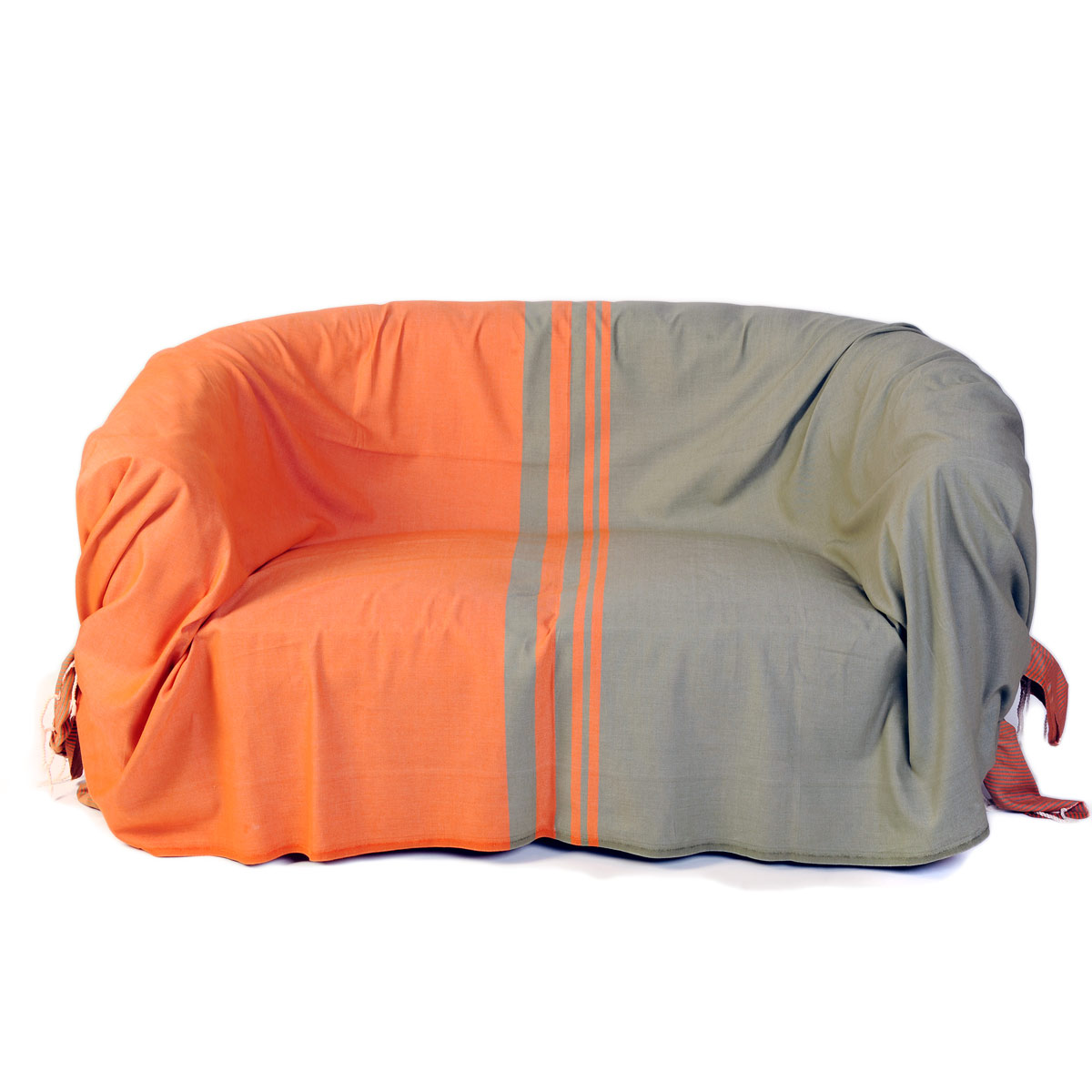 TANGER - Jeté de canapé coton rayures orange vert amande 200 x 300 TANGER - Jeté de canapé coton rayures orange vert amande 200 x 300