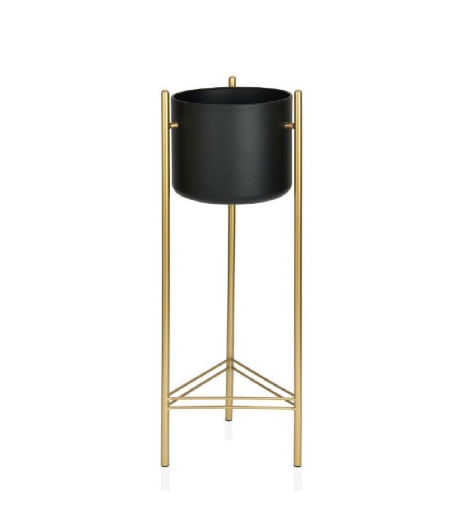 Cache-pot sur pied en métal doré et pot noir H80cm Cache-pot sur pied en métal doré et pot noir H80cm