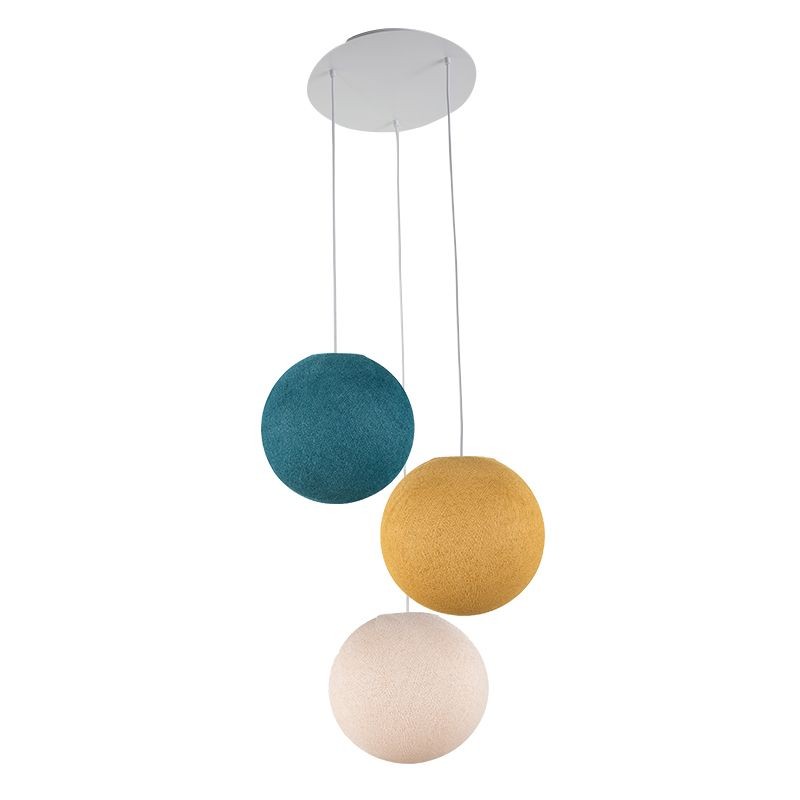 Plafonnier 3 globes S lin-moutarde-bleu canard Plafonnier 3 globes S lin-moutarde-bleu canard