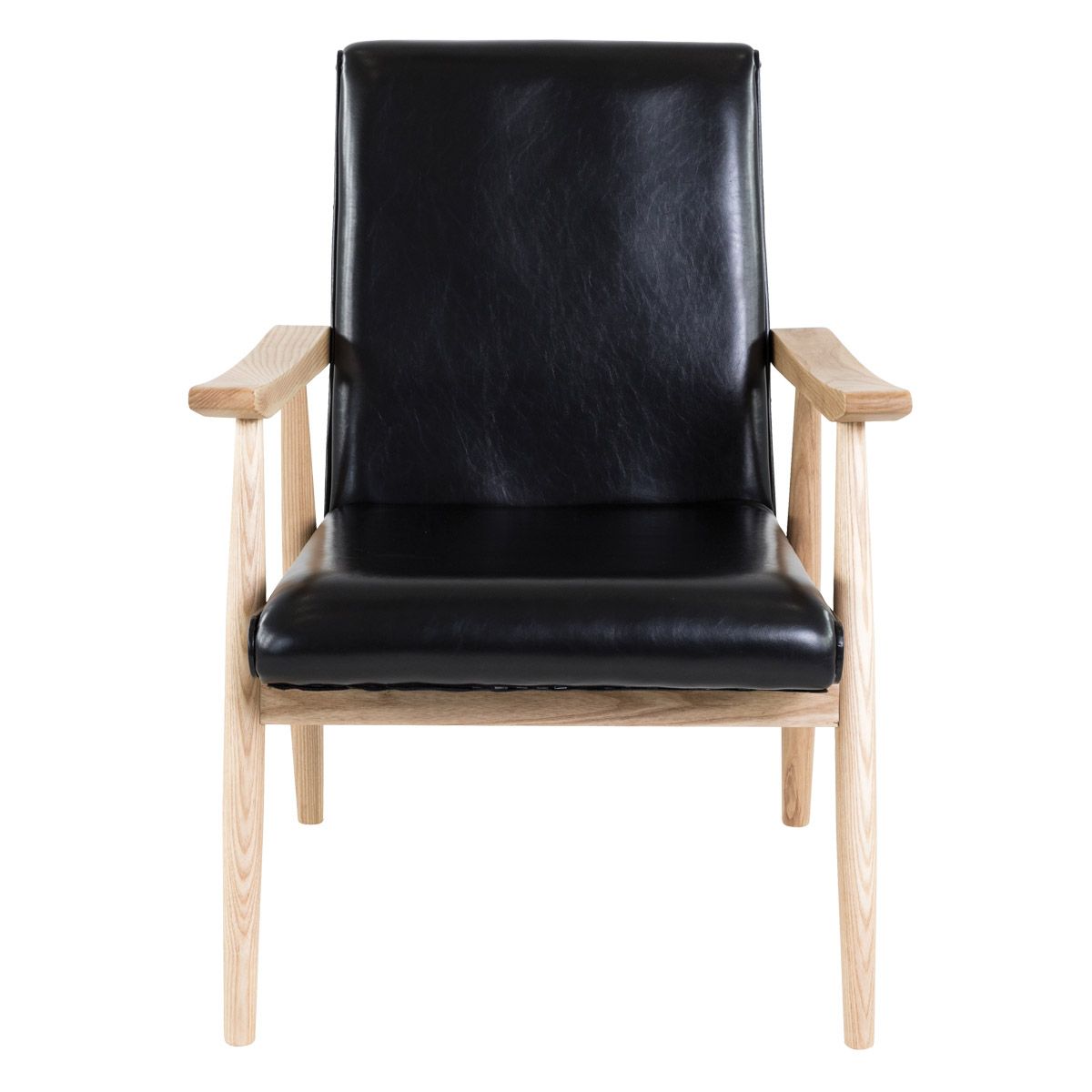 Fauteuil vintage imitation cuir noir et bois Alfred (photo) Fauteuil vintage imitation cuir noir et bois Alfred