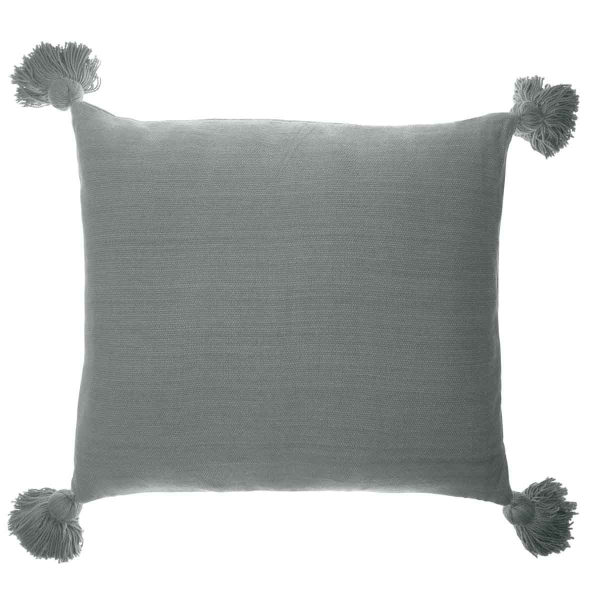 Coussin en coton gris bleu carré à pompons 80 x 80 cm