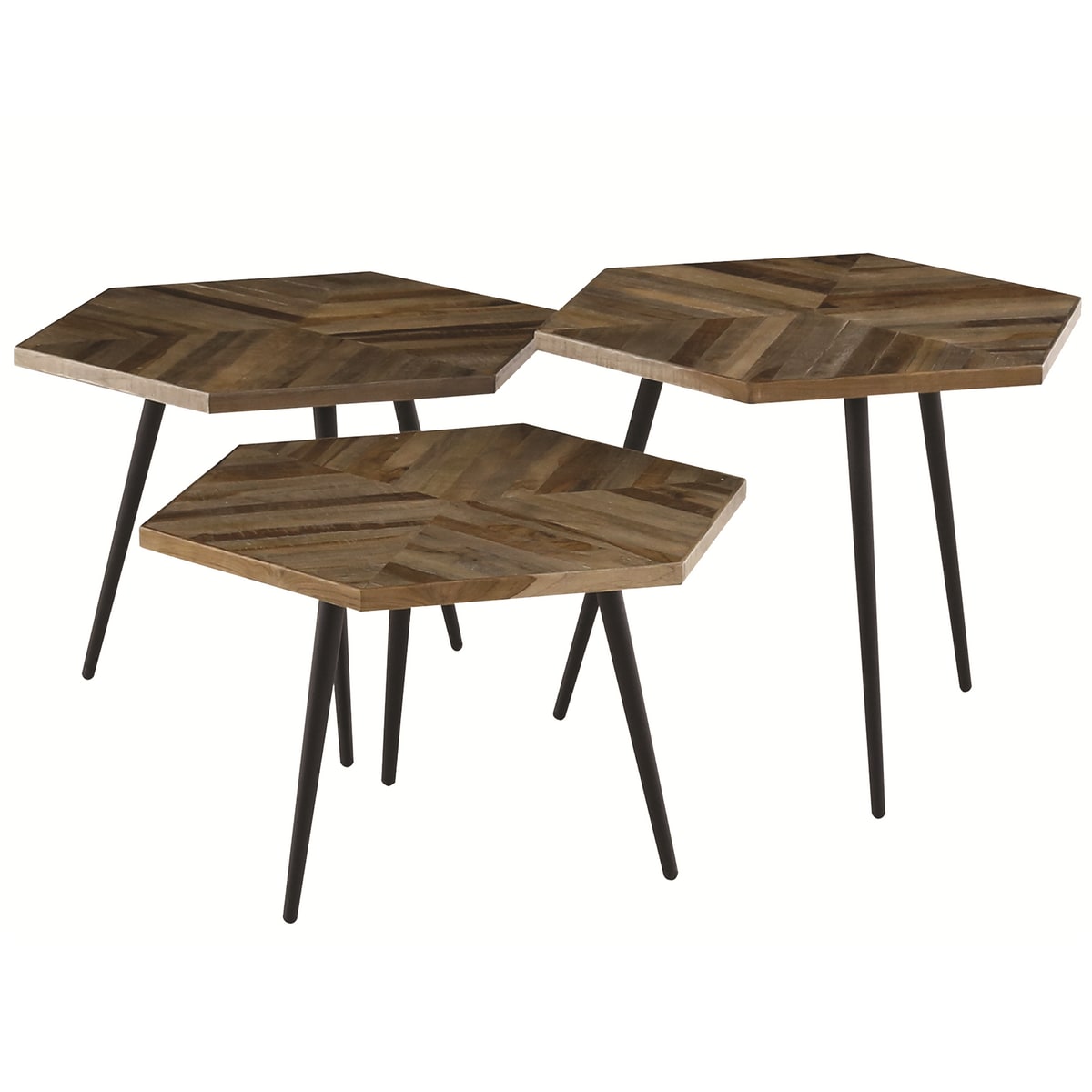 Tables basses hexagonales teck recyclé et métal (set de 3) Tables basses hexagonales teck recyclé et métal (set de 3)