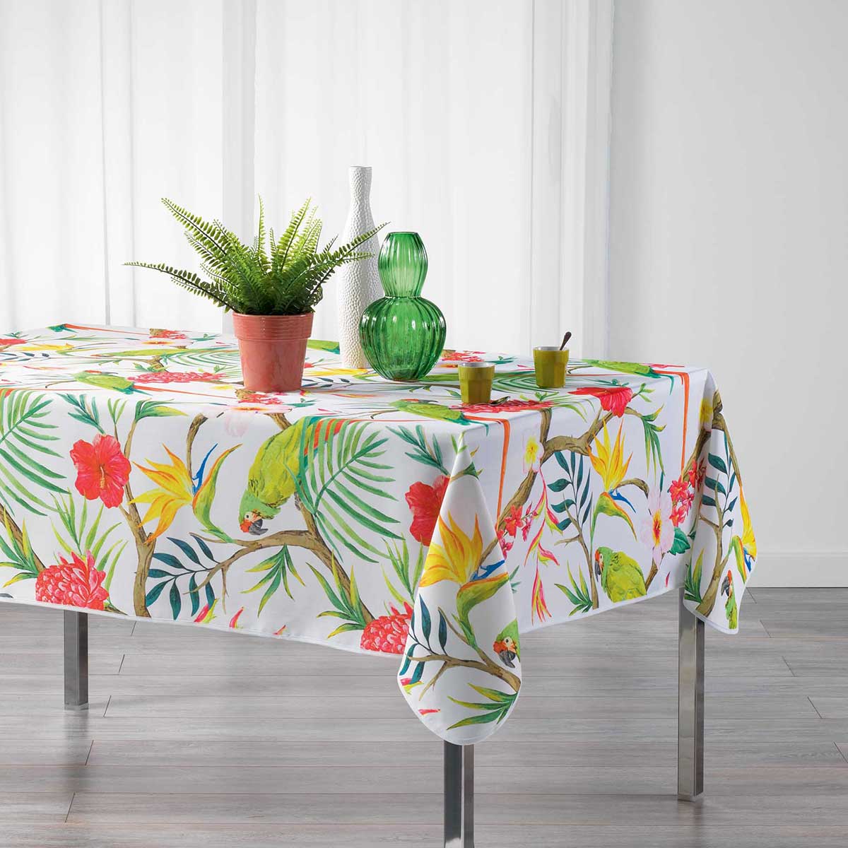 Nappe rectangulaire impressions tropicales polyester blanc 240x150 Nappe rectangulaire impressions tropicales polyester blanc 240x150