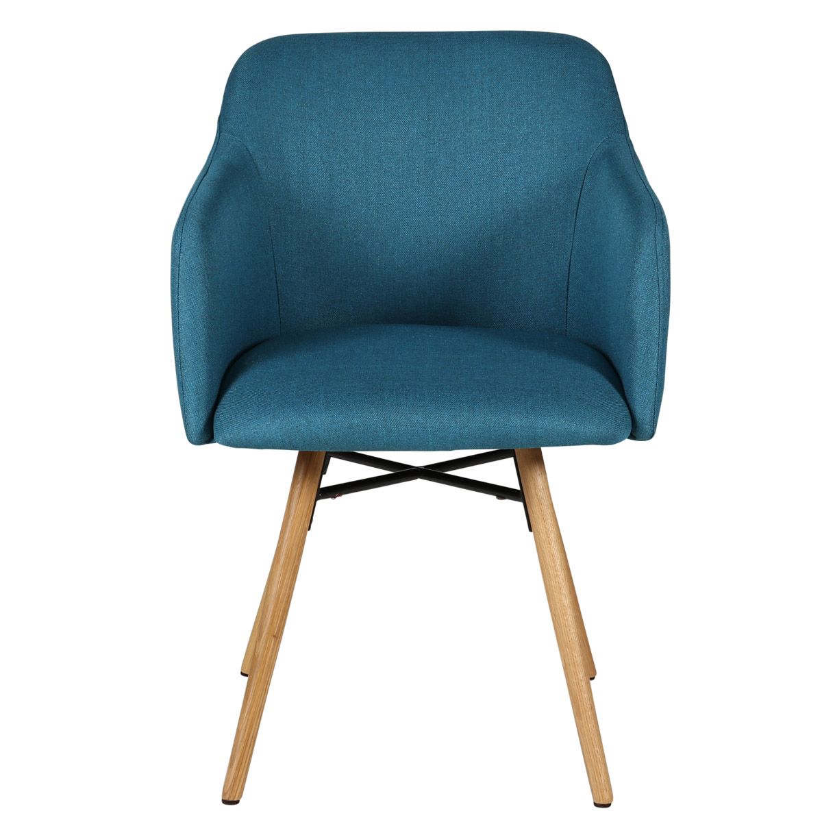 Chaise accoudoirs bleu en tissu pieds chêne naturel