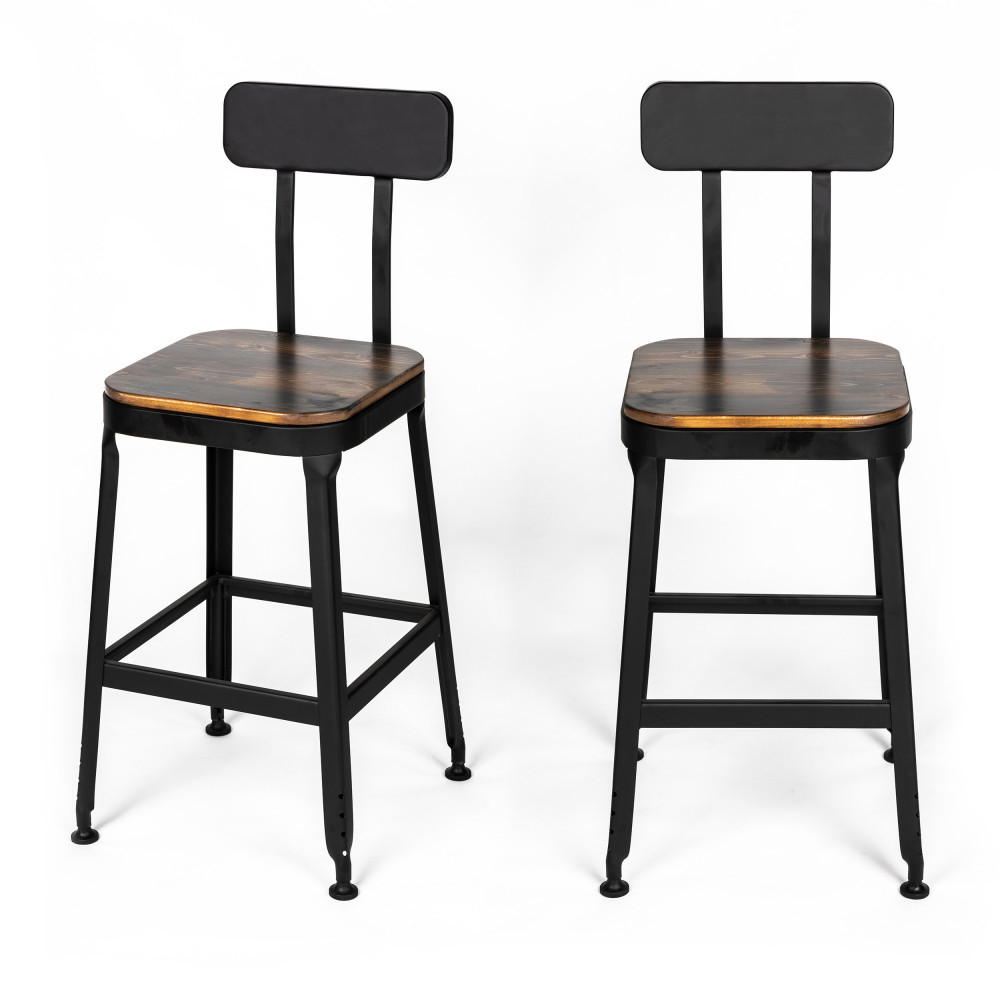 2 chaises de bar métal noir et bois foncé 63cm (photo) 2 chaises de bar métal noir et bois foncé 63cm